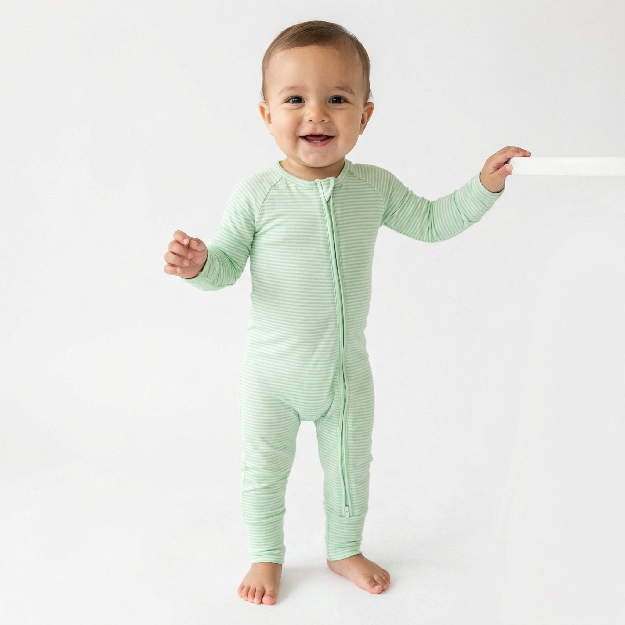 Most loved Motette green and white stripe zipper baby pajama for newborn bedtime routines
