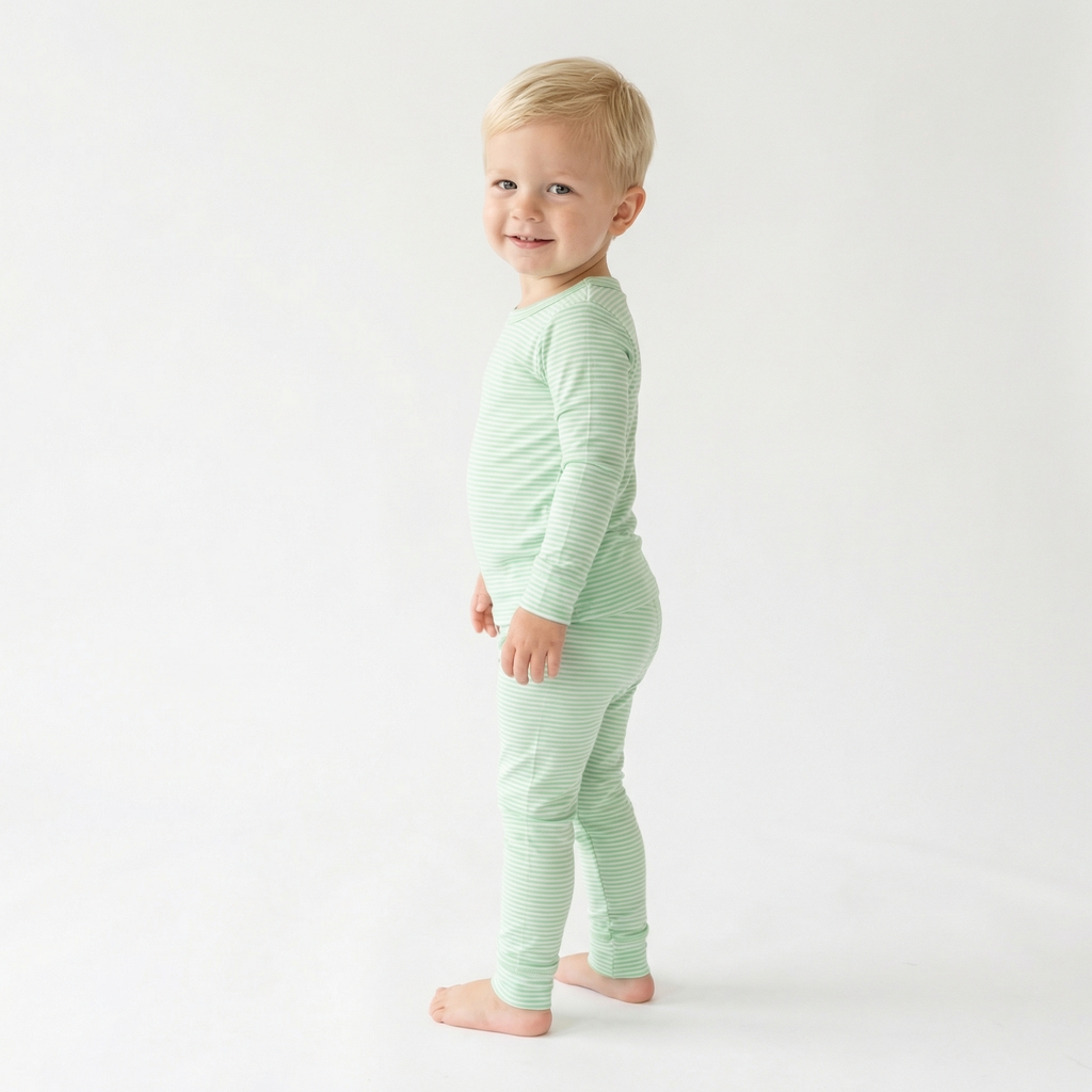 Top rated toddler pajama set in green and white stripe for sensitive skin and year round comfort