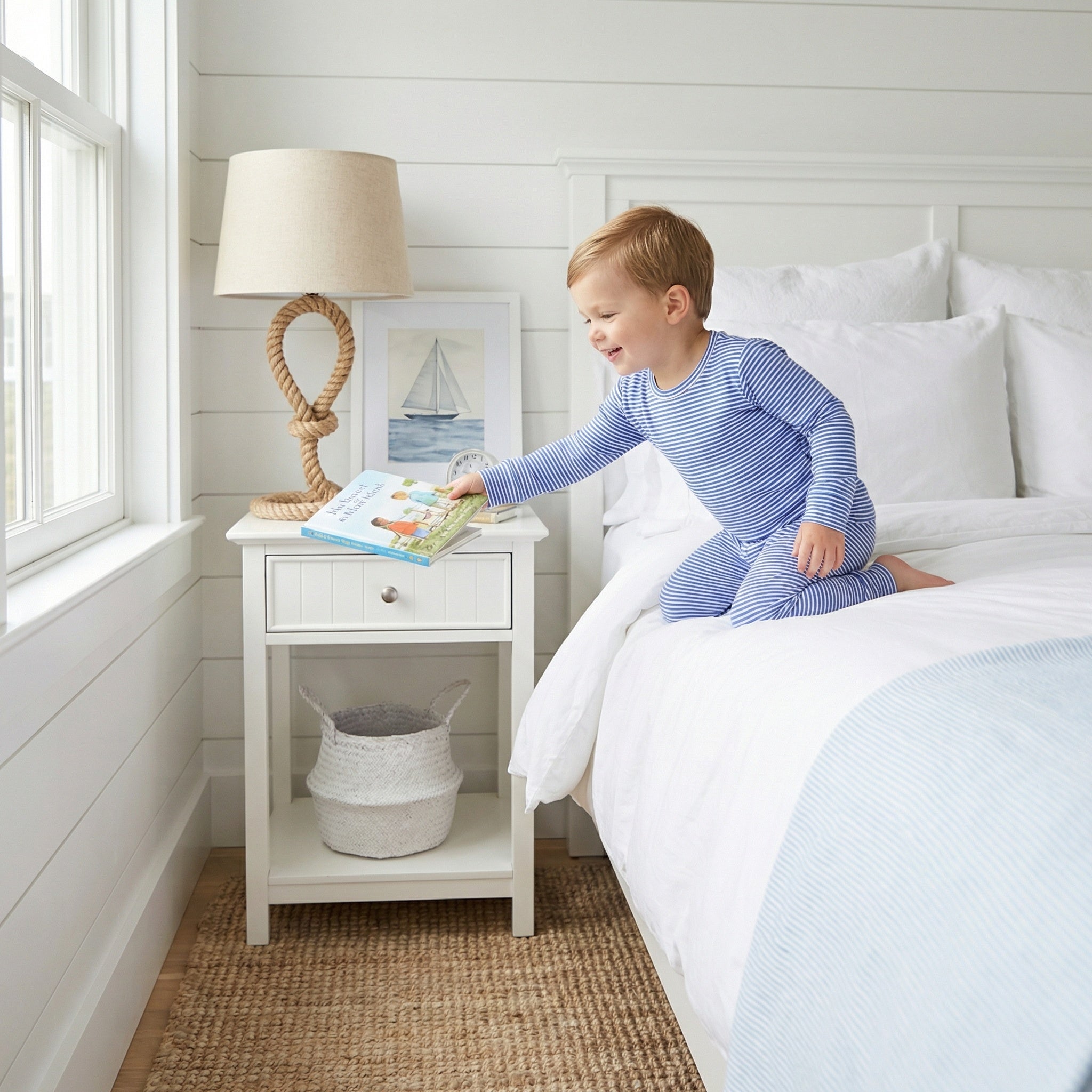 Top rated toddler pajama set in dark blue and white stripe for sensitive skin and year round comfort