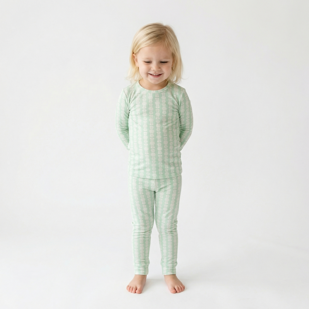 Consumer favorite Motette kids pajama set in green with white floral for bedtime routines