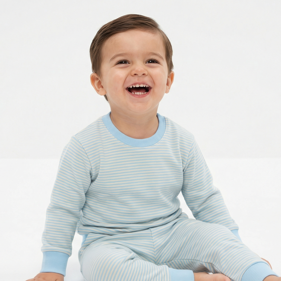 Top rated toddler pajama set in blue and white stripes for sensitive skin and year round comfort