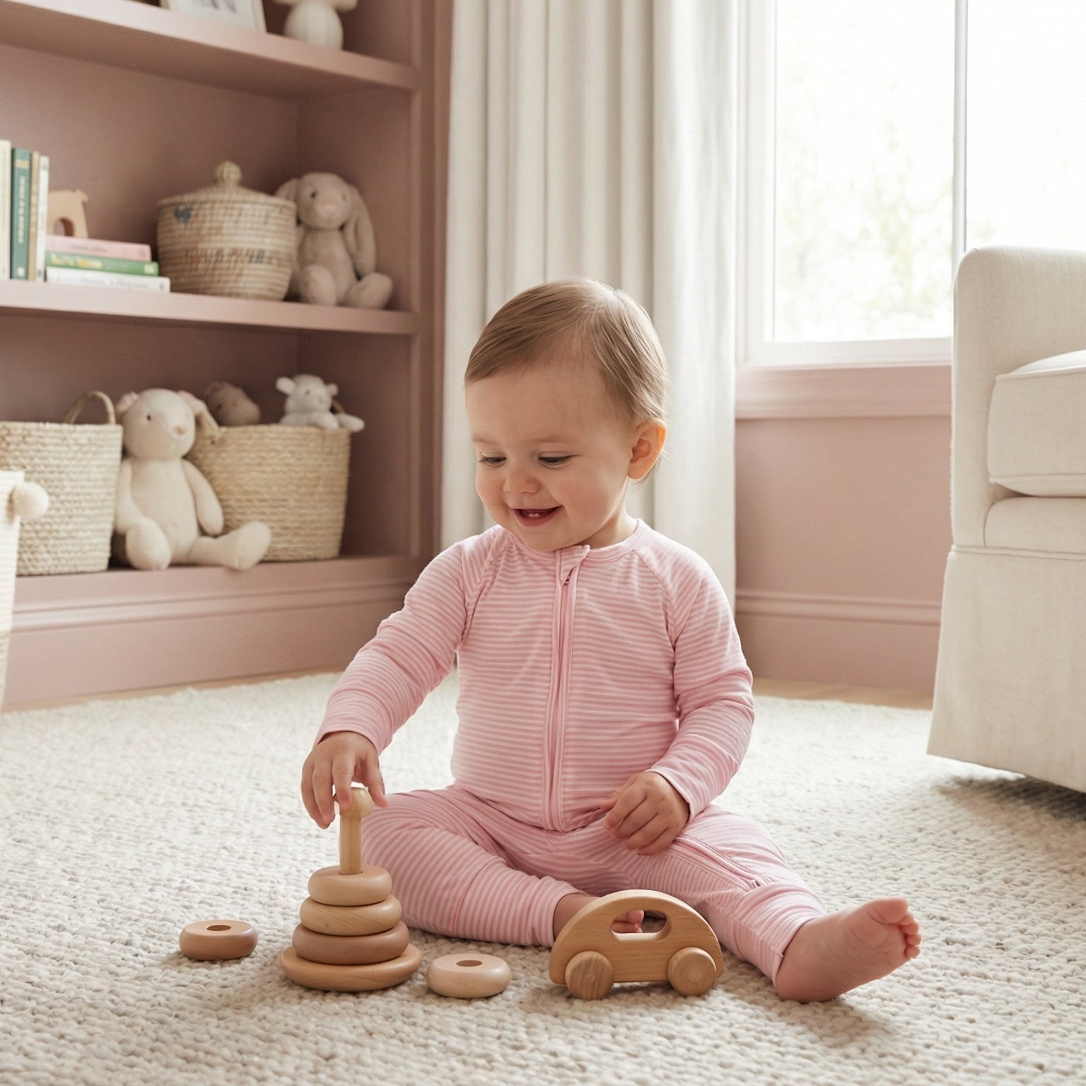 Most loved Motette pink and white stripe zipper baby pajama for newborn bedtime routines