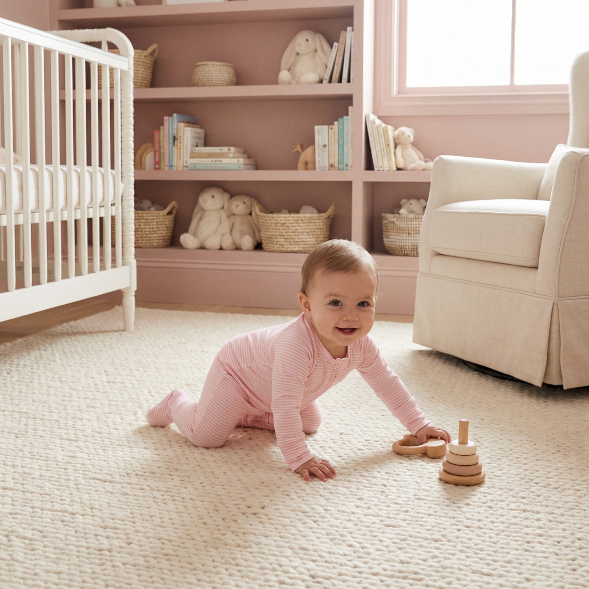 Top rated footed bamboo sleeper in pink and white stripe trusted by moms for soft, comfortable sleep