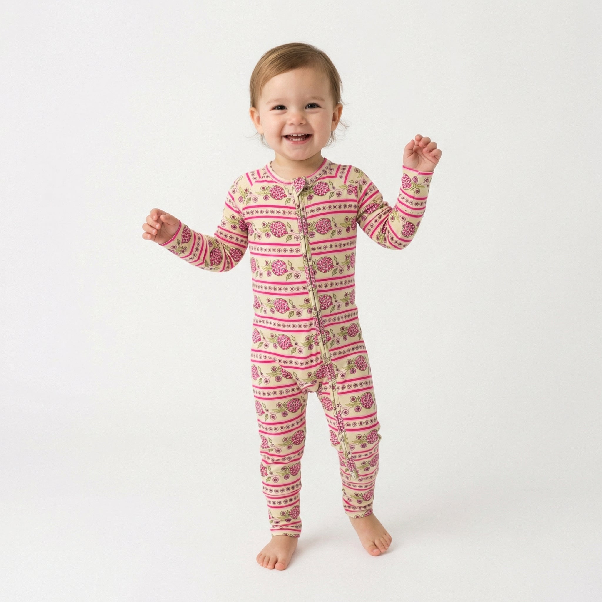 Editor favorite Motette organic bamboo baby sleeper in pink floral designed for everyday comfort
