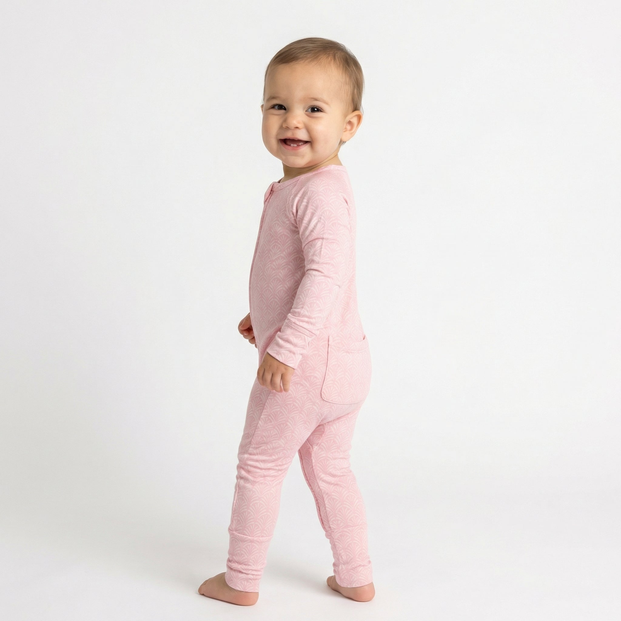 Editor favorite Motette organic bamboo baby sleeper in pink designed for everyday comfort