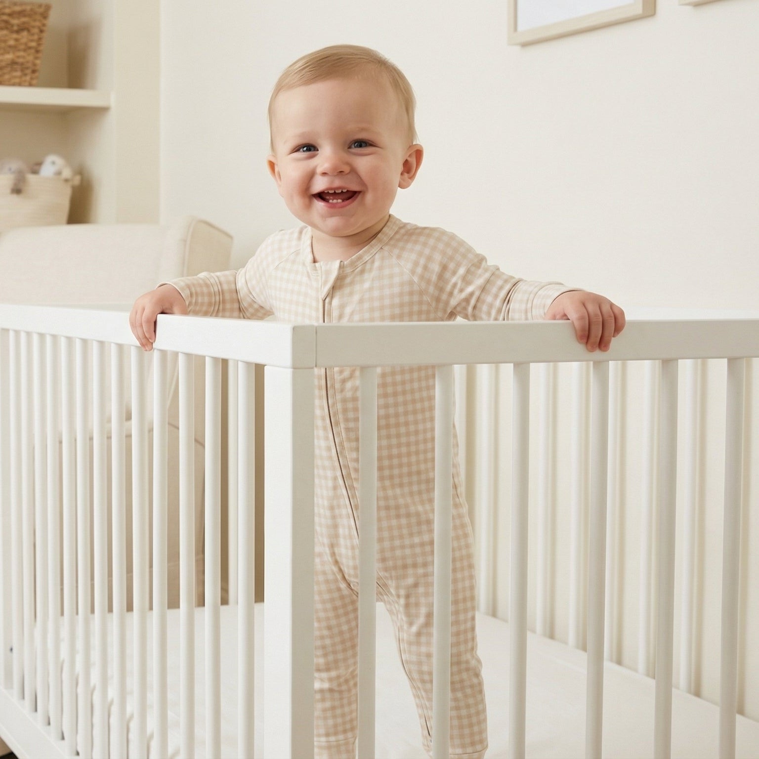 Most loved Motette brown gingham zipper baby pajama for newborn bedtime routines