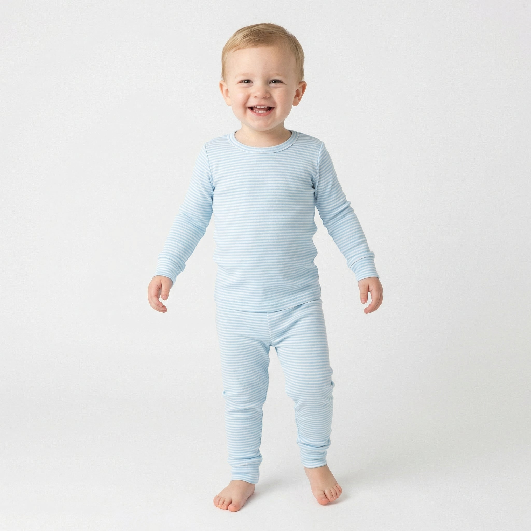Top rated toddler pajama set in blue and white stripes for sensitive skin and year round comfort