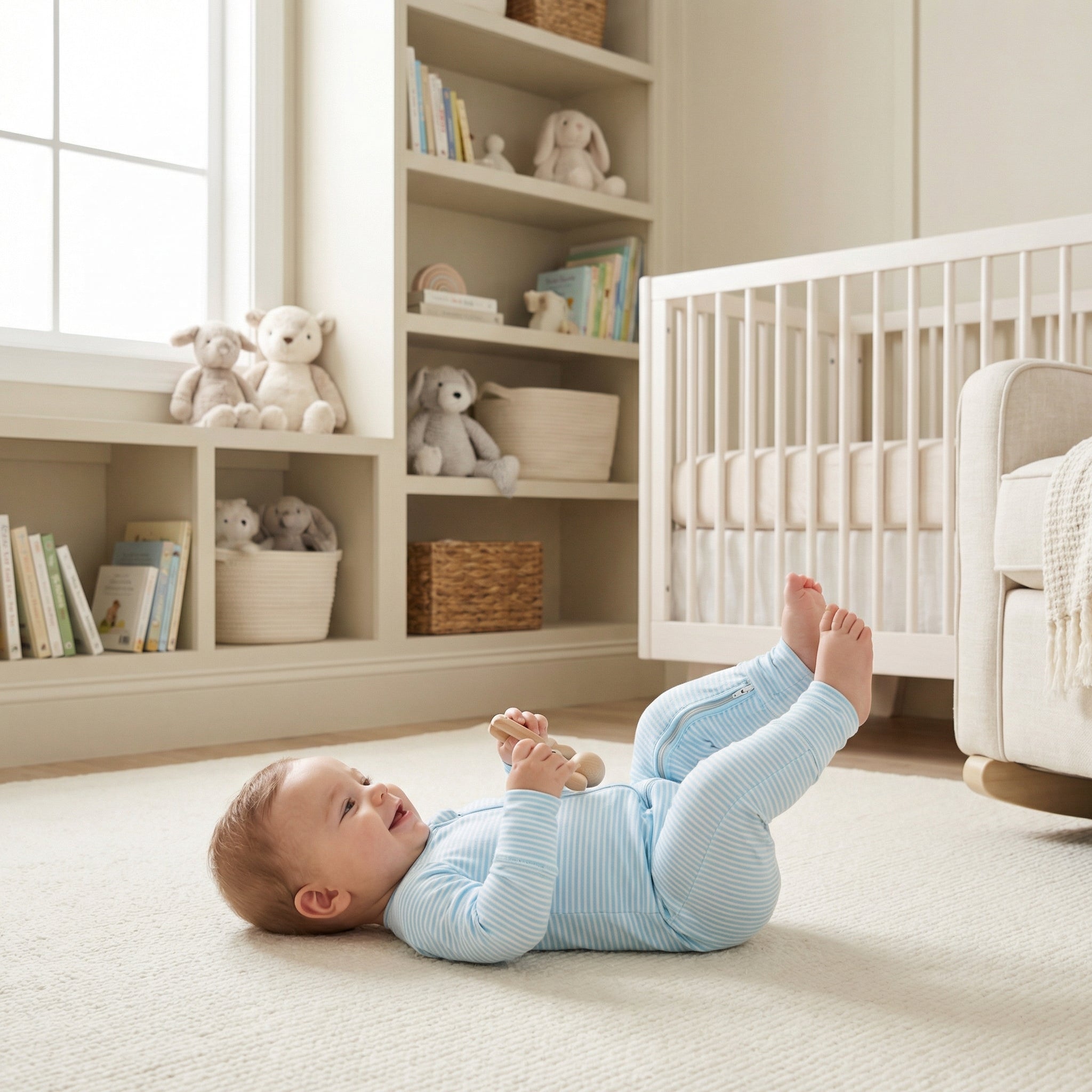 Top rated footed bamboo sleeper in blue and white stripes trusted by moms for soft, comfortable sleep