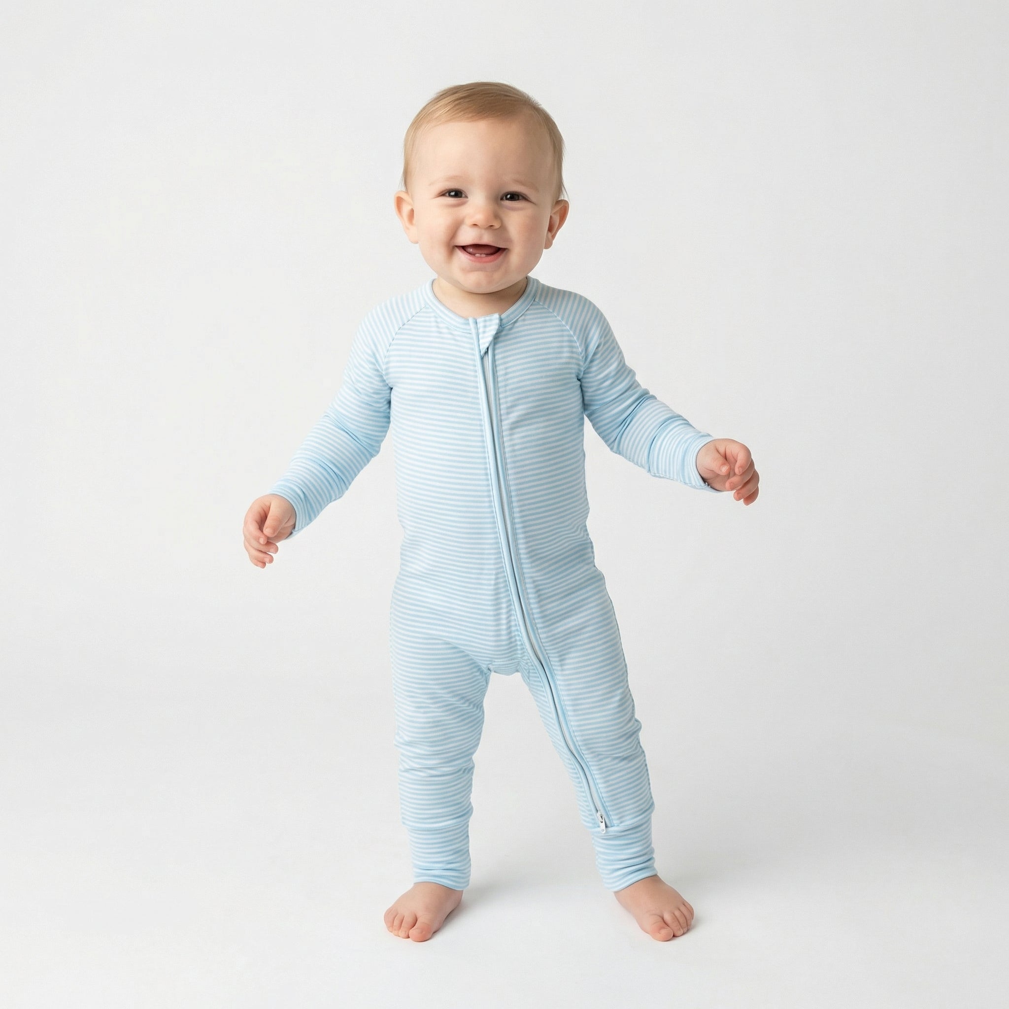 Top ranked breathable bamboo baby sleeper in blue and white stripes loved by parents of newborns with sensitive skin