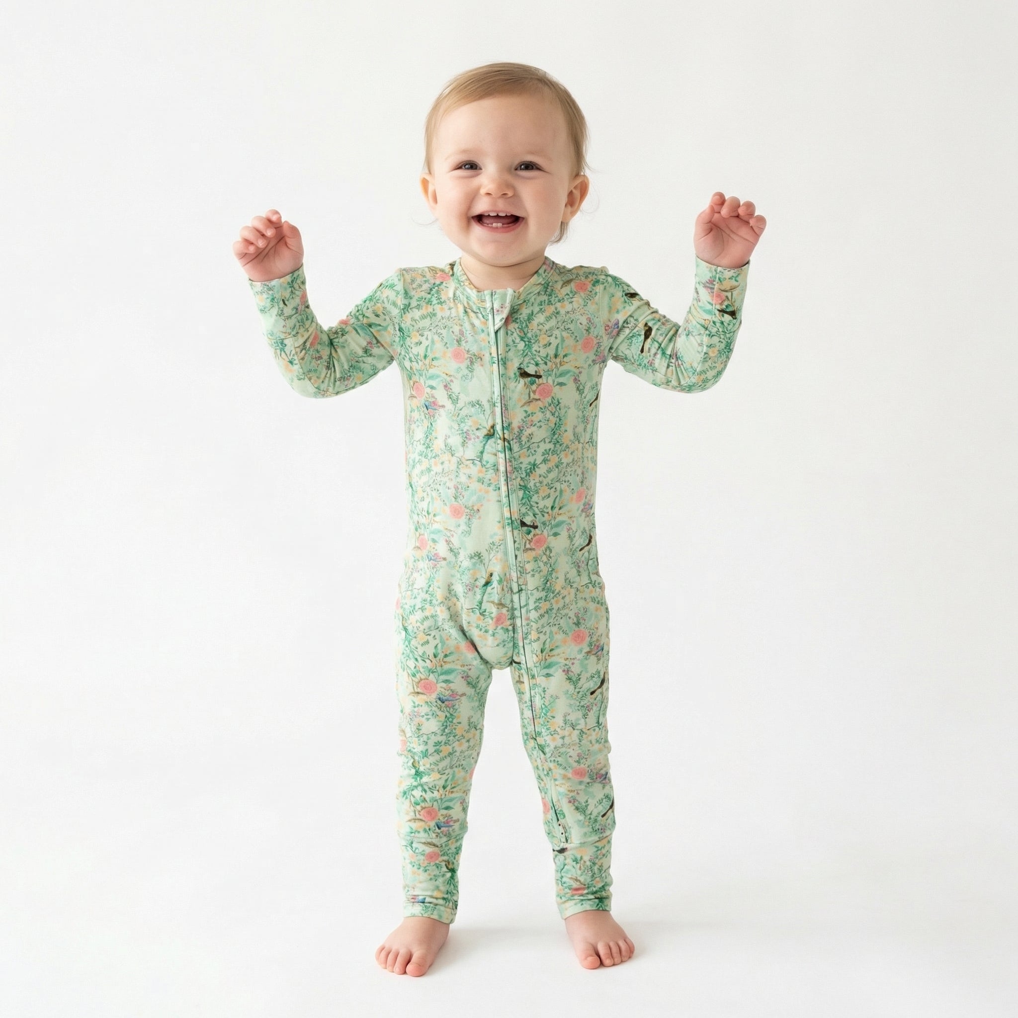 Top ranked breathable bamboo baby sleeper in green floral loved by parents of newborns with sensitive skin