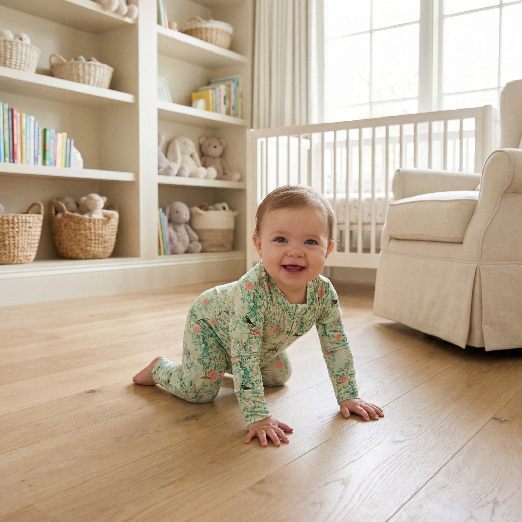 Editor favorite Motette organic bamboo baby sleeper in green floral designed for everyday comfort