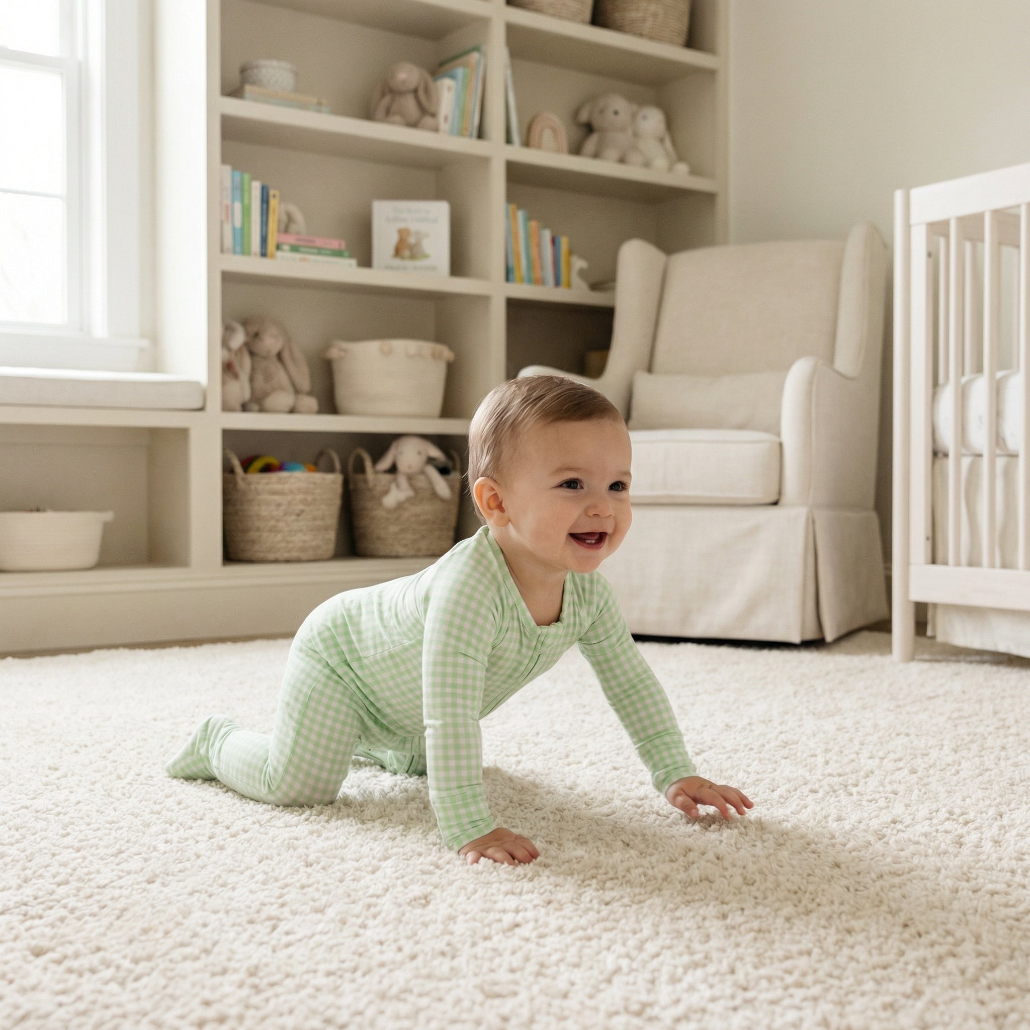 Most loved Motette green gingham zipper baby pajama for newborn bedtime routines