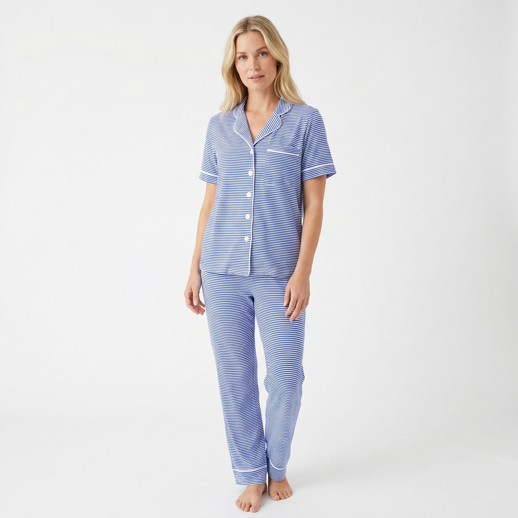 Cobalt Stripe Short Sleeve & Pants Bamboo Women's Pajama Set