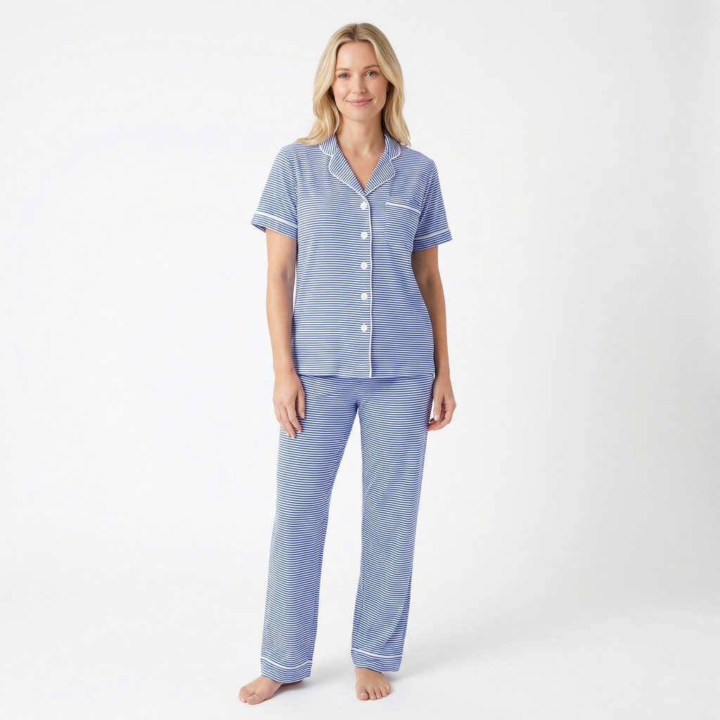 Cobalt Stripe Short Sleeve & Pants Bamboo Women's Pajama Set