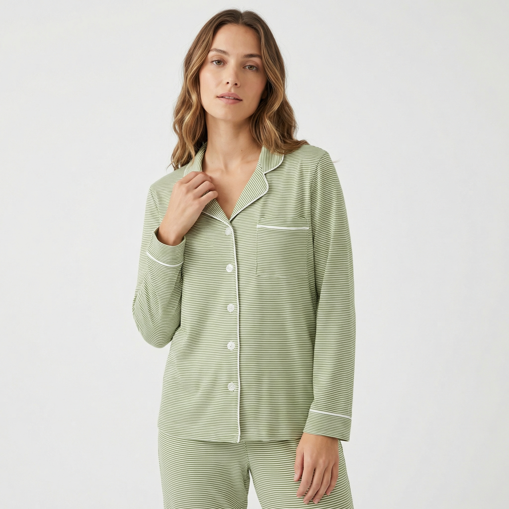 Evergreen Stripe Long Sleeve & Pants Bamboo Women's Pajama Set