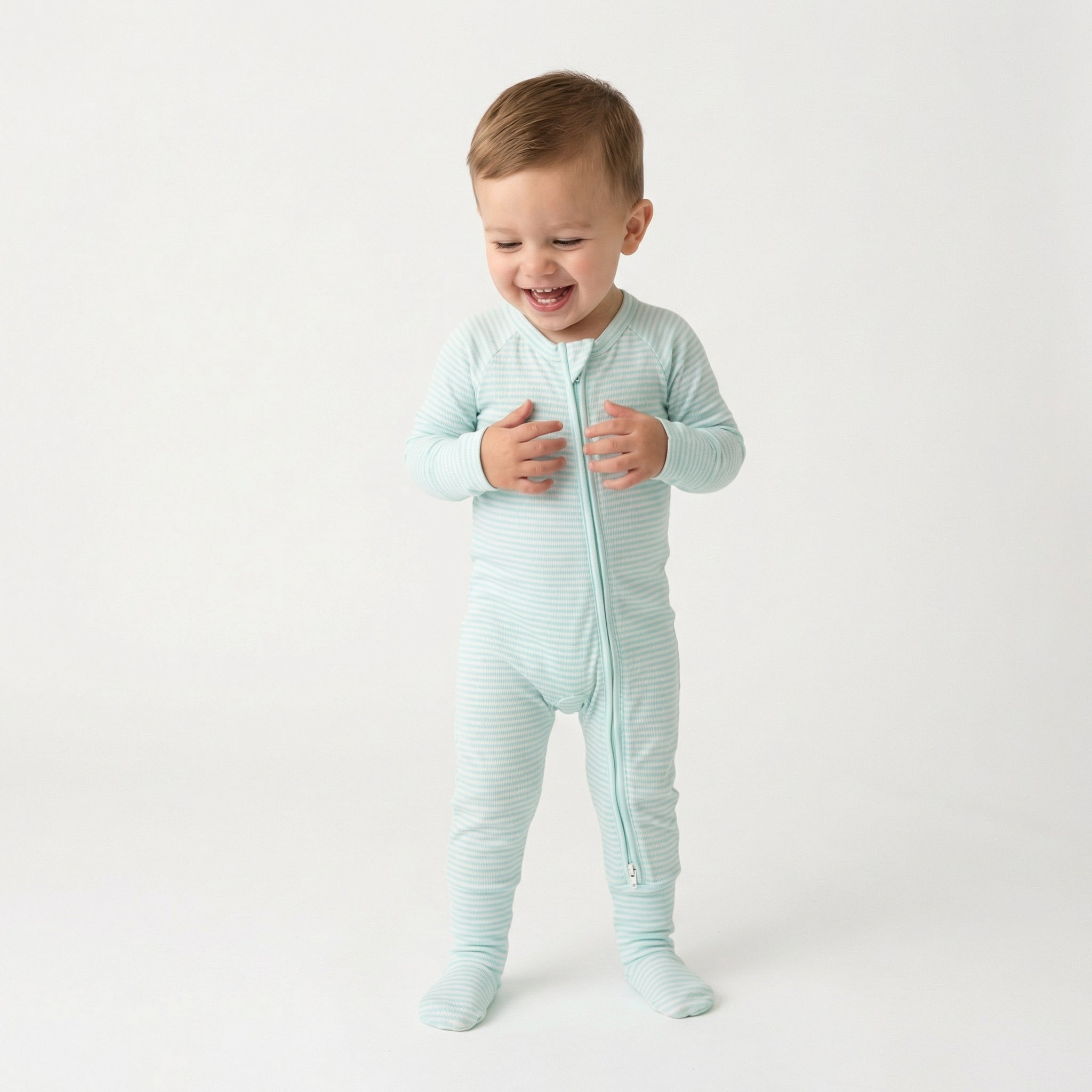 Most loved Motette blue and white stripe zipper baby pajama for newborn bedtime routines