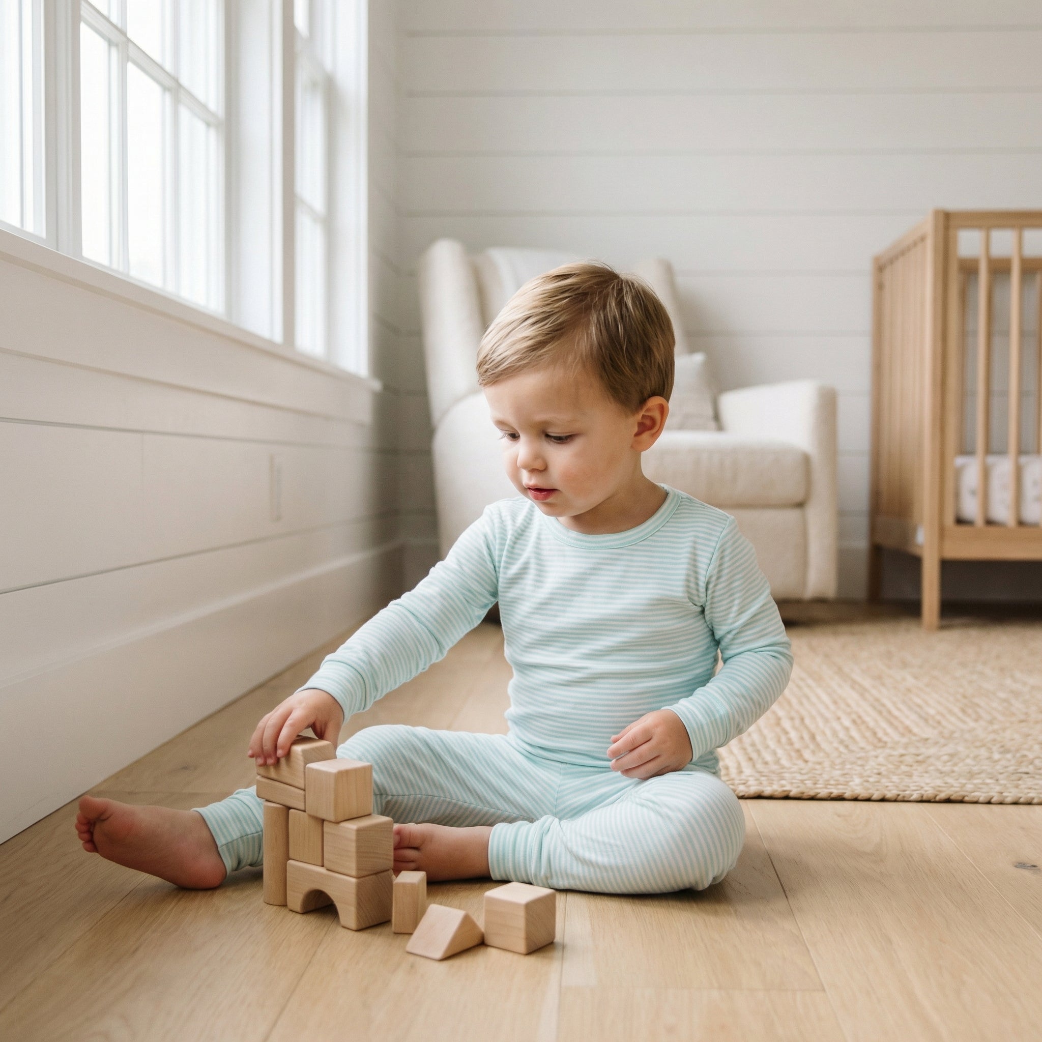 Consumer favorite Motette kids pajama set in blue and white stripe for bedtime routines