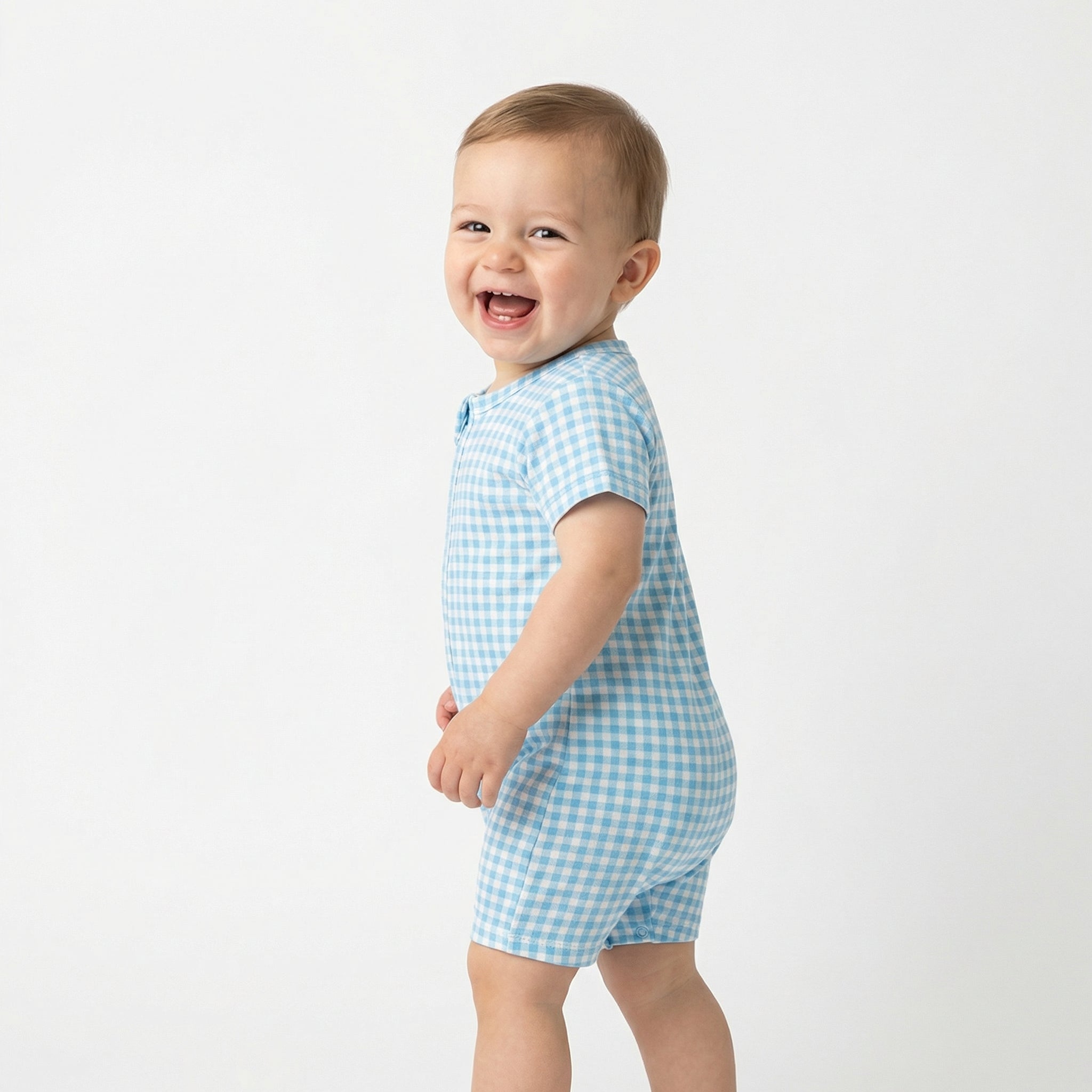 Editor favorite Motette organic bamboo baby sleeper in blue gingham designed for everyday comfort