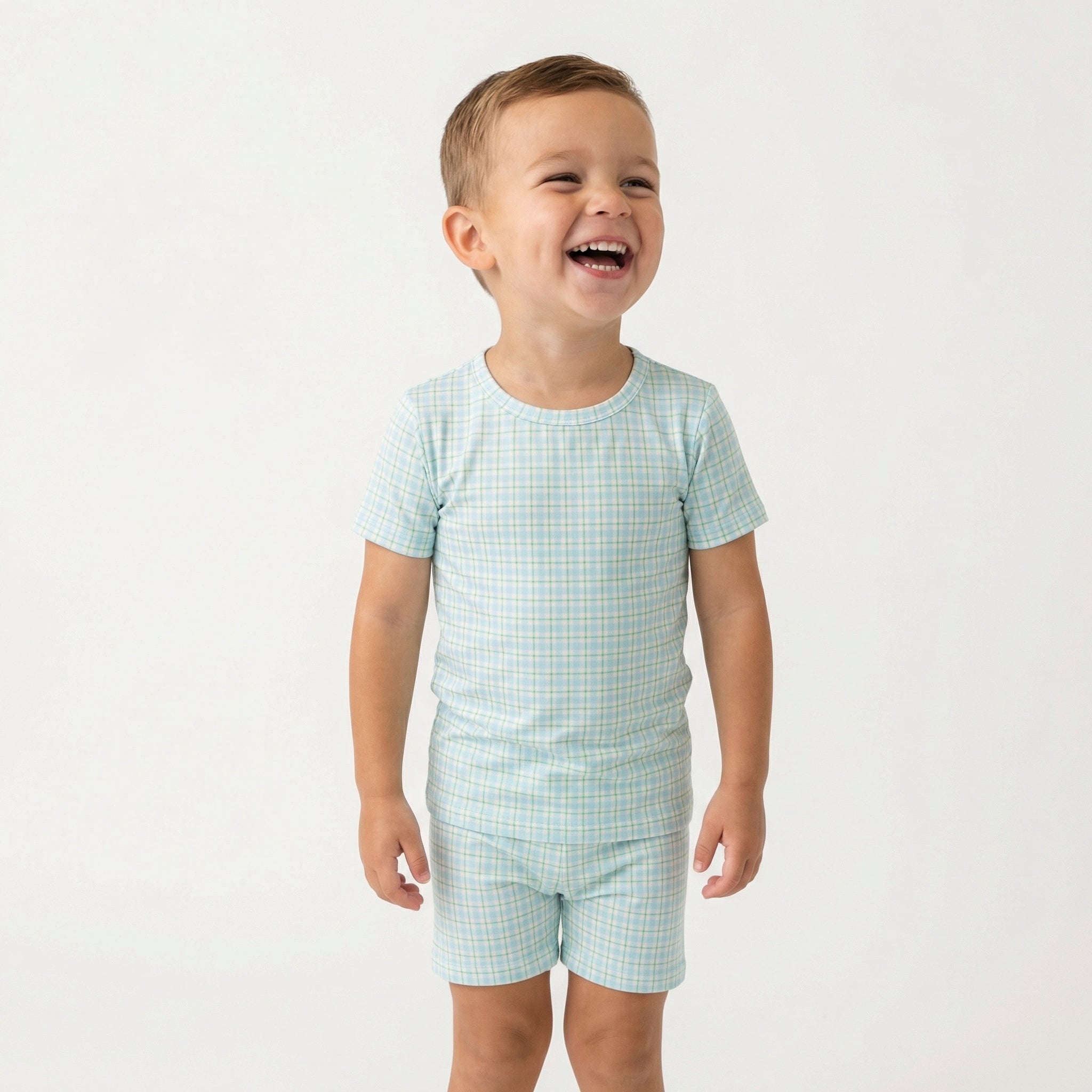 Best soft bamboo toddler pajamas in blue and green gingham for active kids and restful sleep