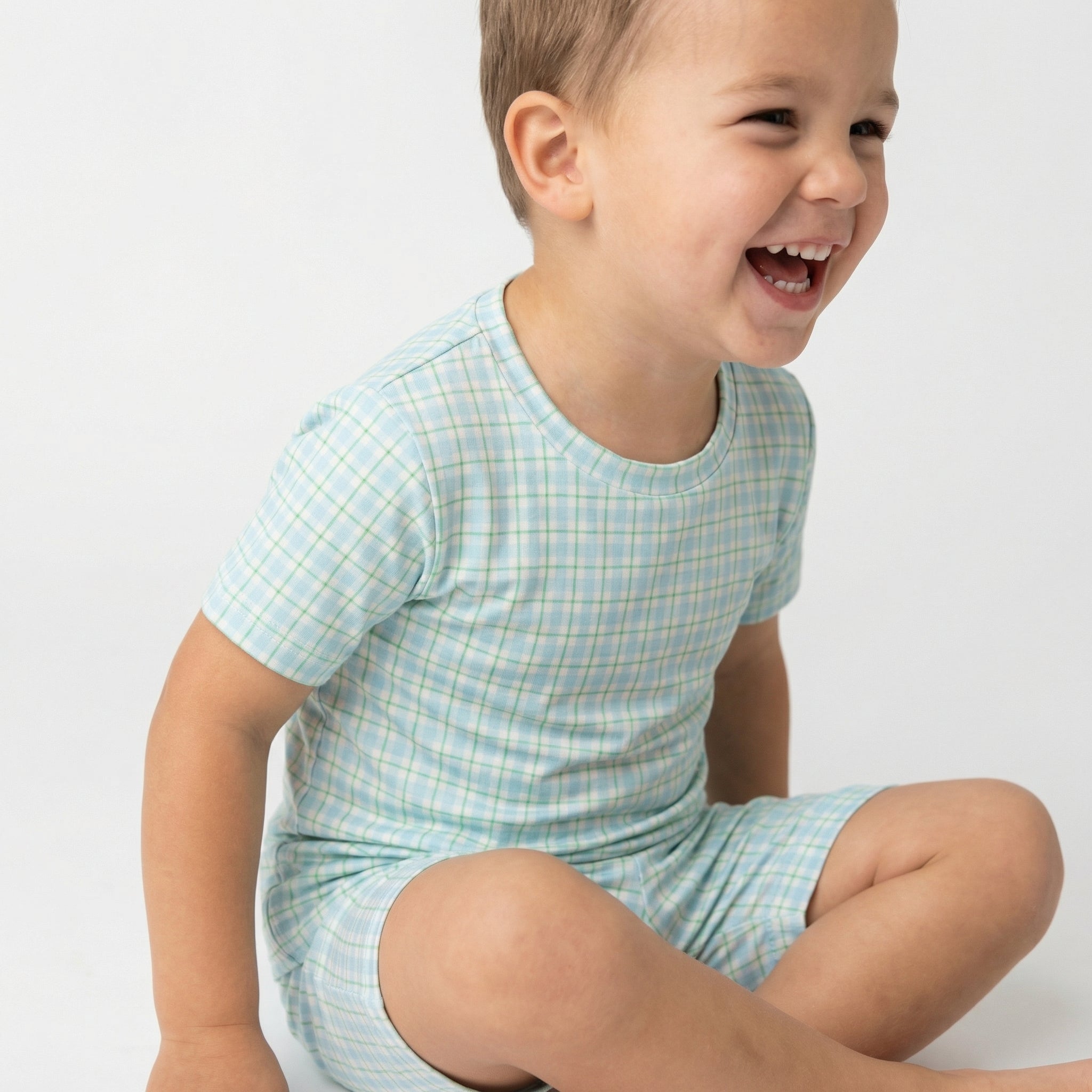 Most recommended blue and green gingham toddler loungewear set for travel and overnight stays