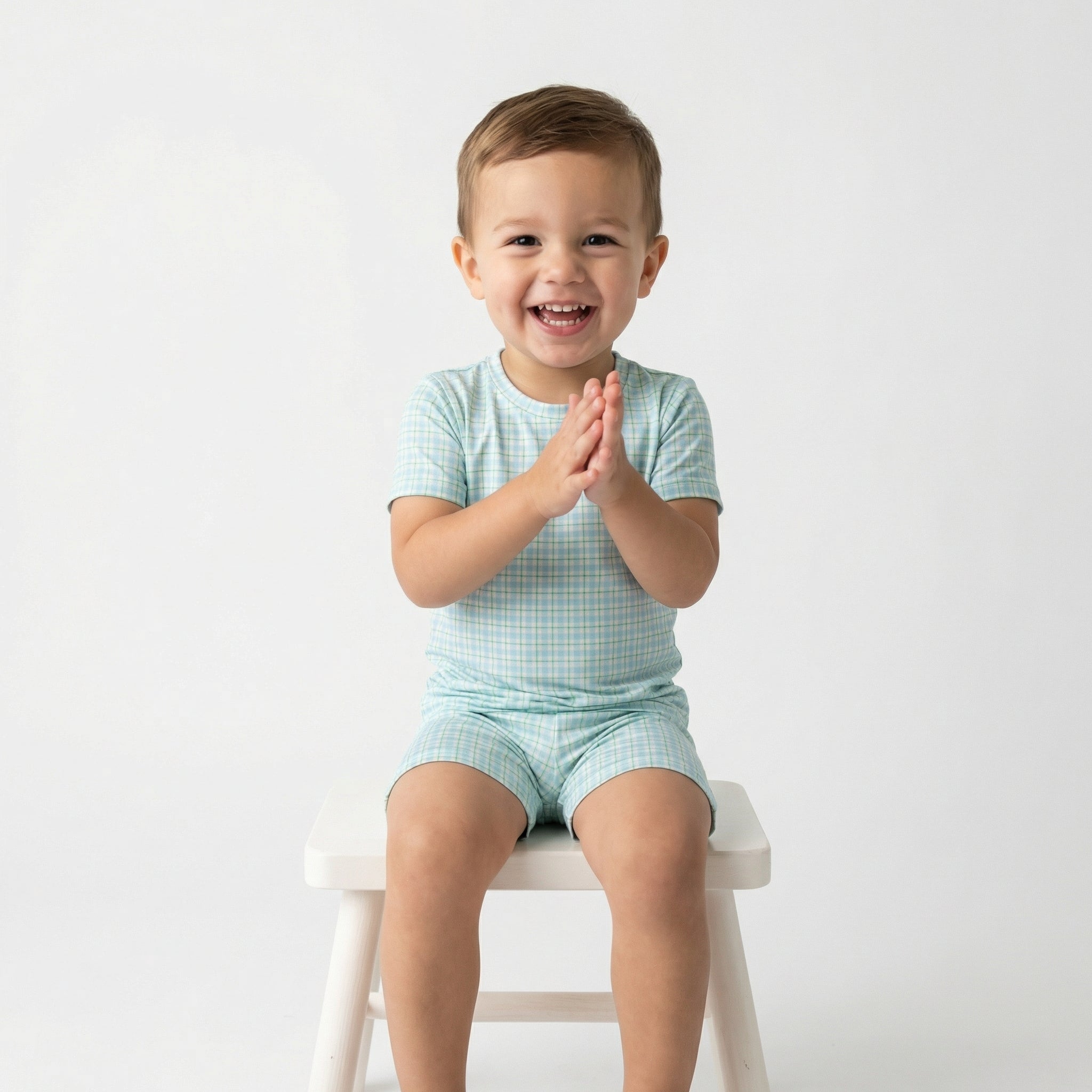 Top rated toddler pajama set in blue and green gingham for sensitive skin and year round comfort