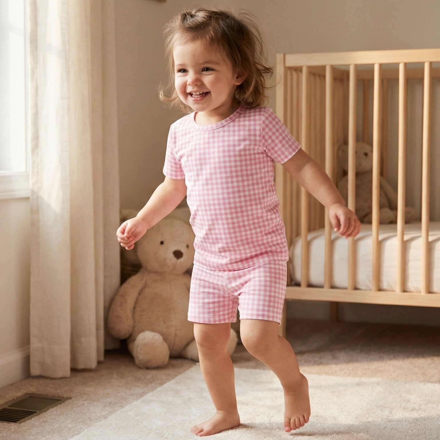 Most recommended pink gingham toddler loungewear set for travel and overnight stays