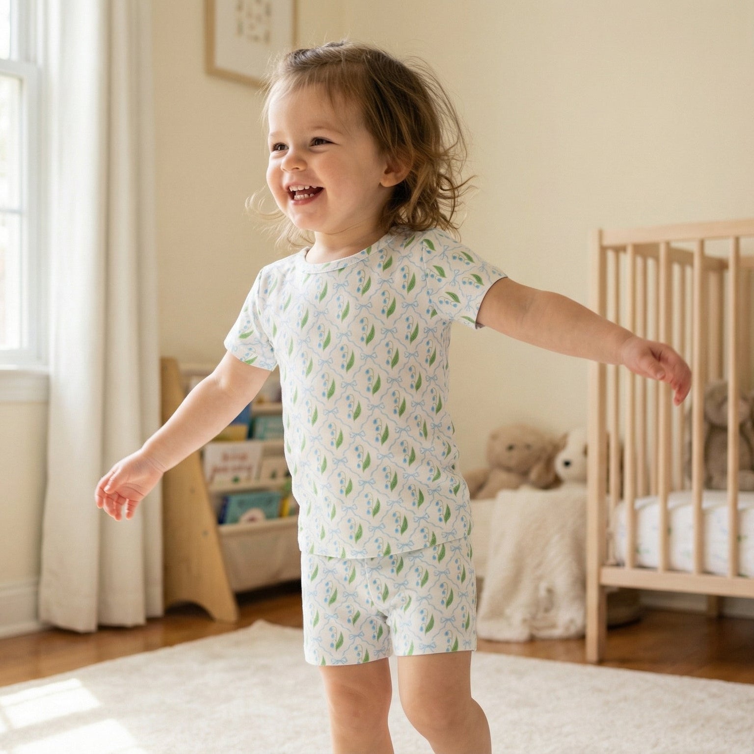 Top rated toddler pajama set in white with green leaves for sensitive skin and year round comfort