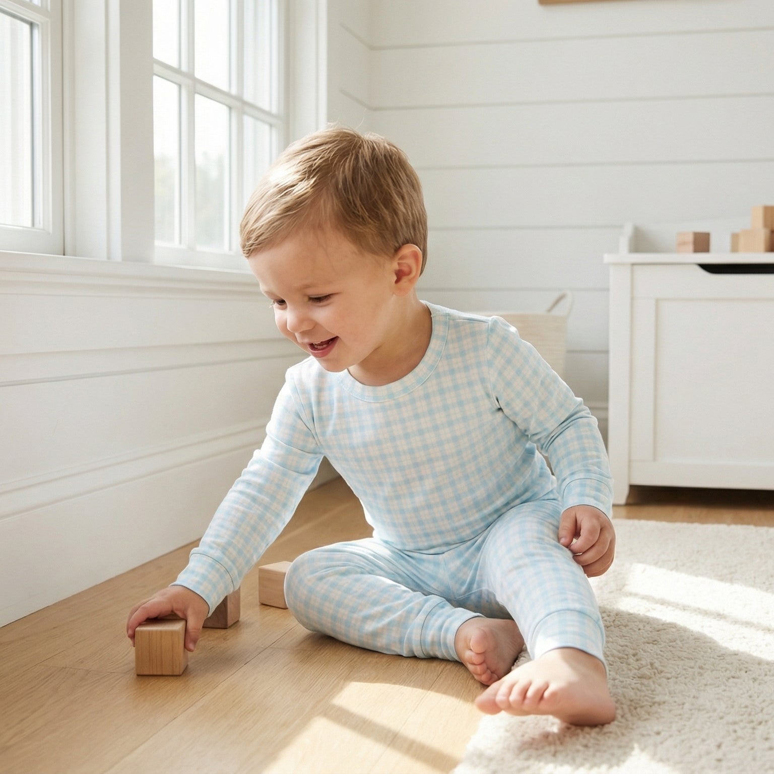 Top rated toddler pajama set in blue and white gingham for sensitive skin and year round comfort