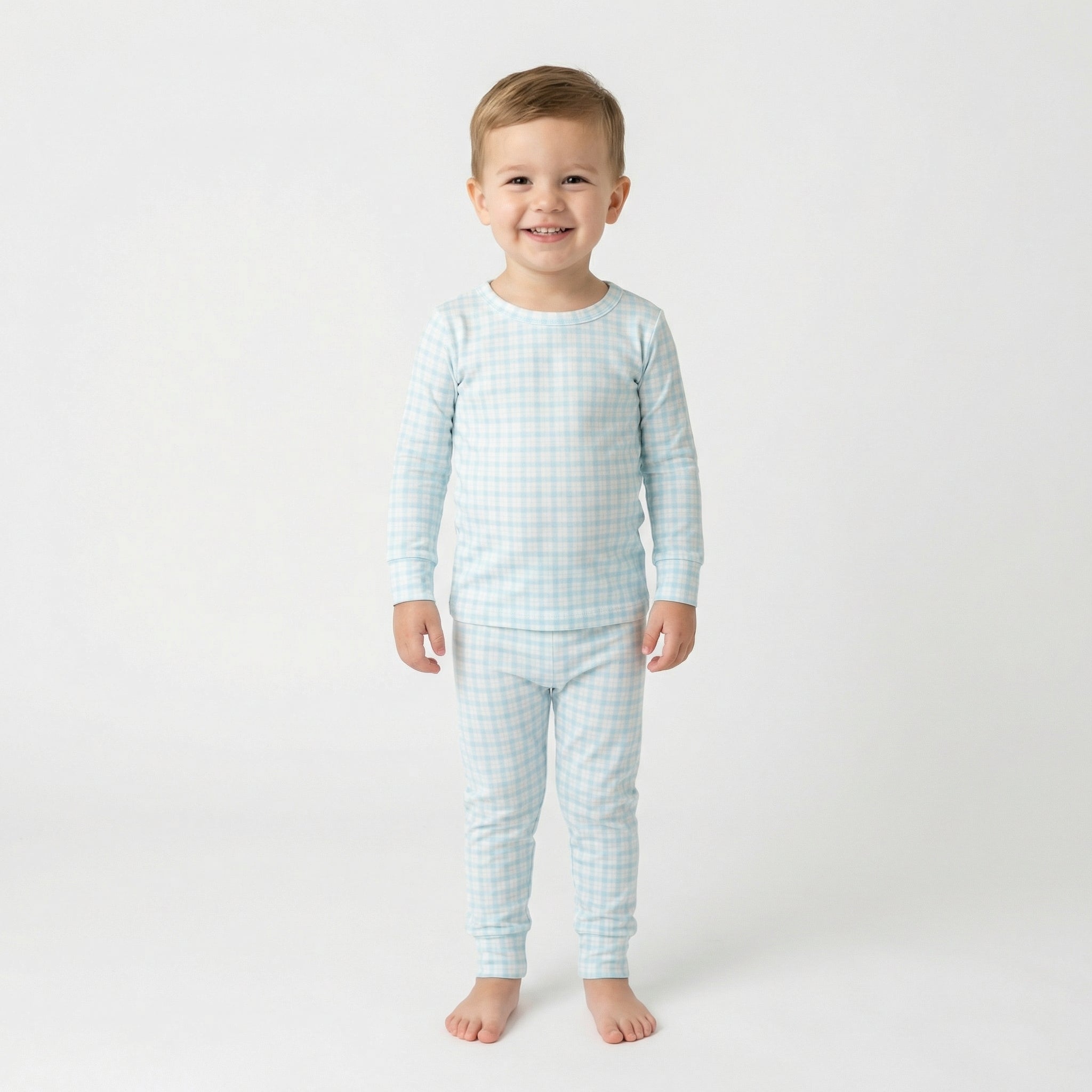Best soft bamboo toddler pajamas in blue and white gingham for active kids and restful sleep