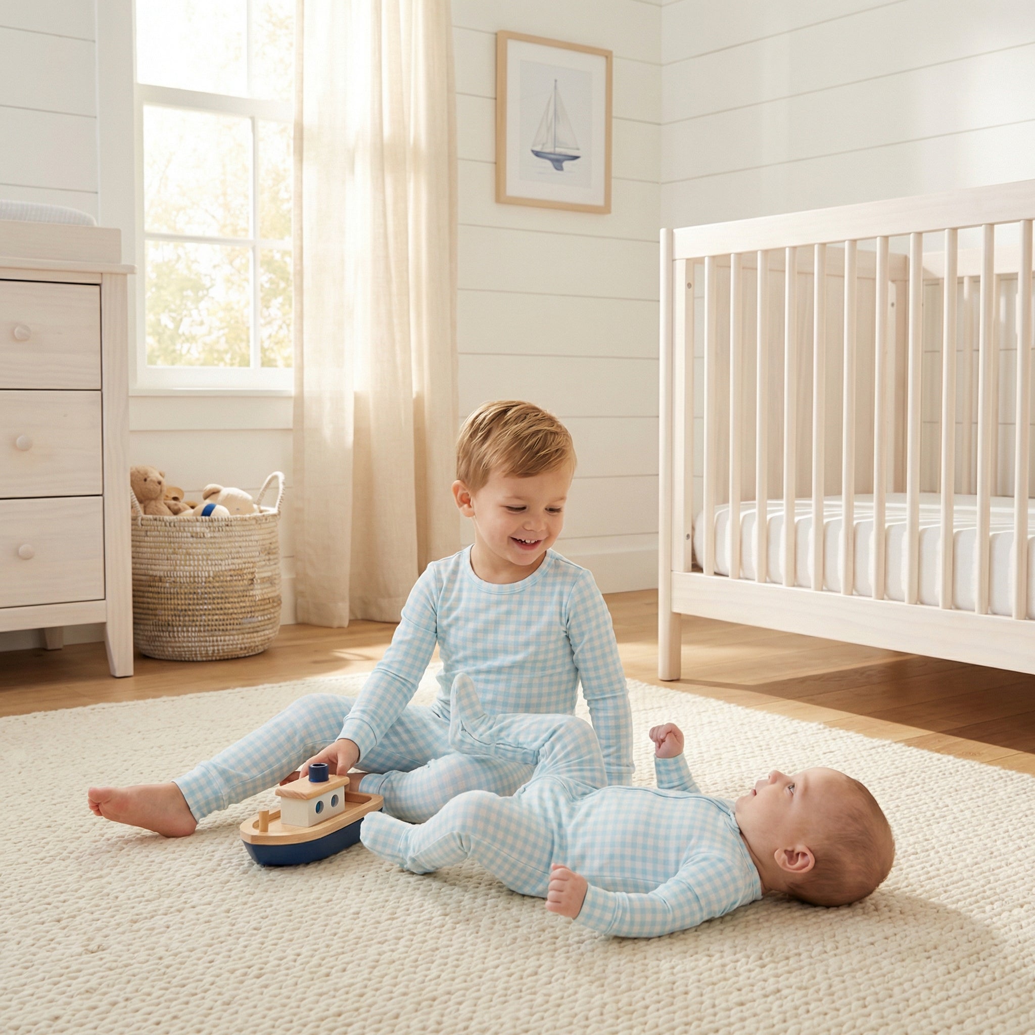 Most loved Motette blue and white gingham zipper baby pajama for newborn bedtime routines