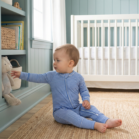 Most loved Motette dark blue and white stripe zipper baby pajama for newborn bedtime routines