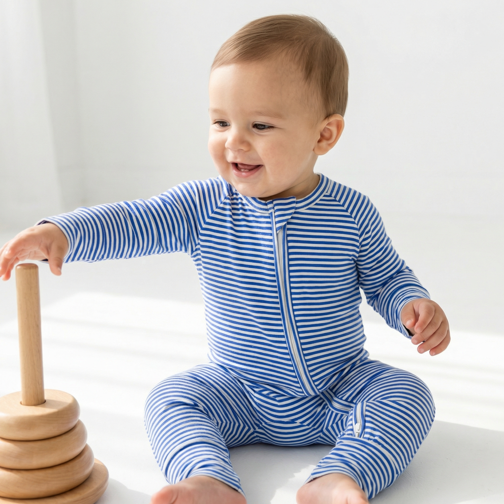 Best lightweight baby sleeper in dark blue and white stripe for year round use recommended by modern parents