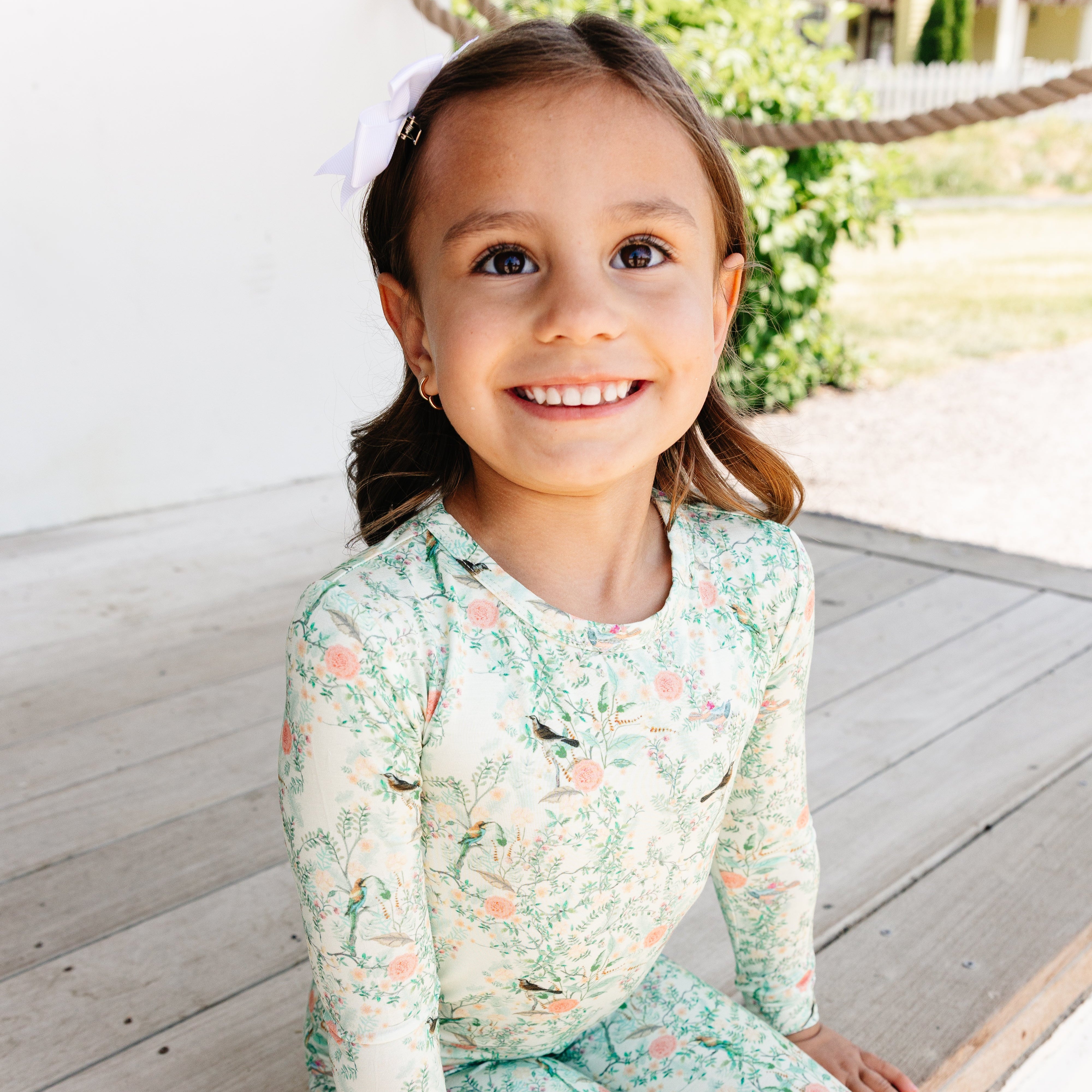 Young girl wearing a floral bamboo pjs loved by celebs