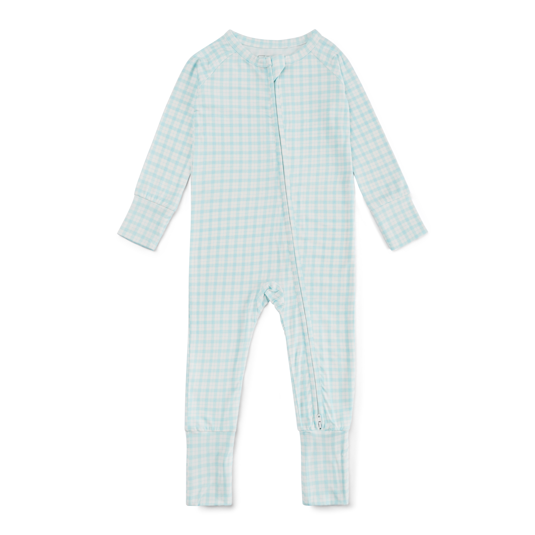 Top ranked Motette blue and white gingham bamboo baby sleeper with long sleeves and zipper front
