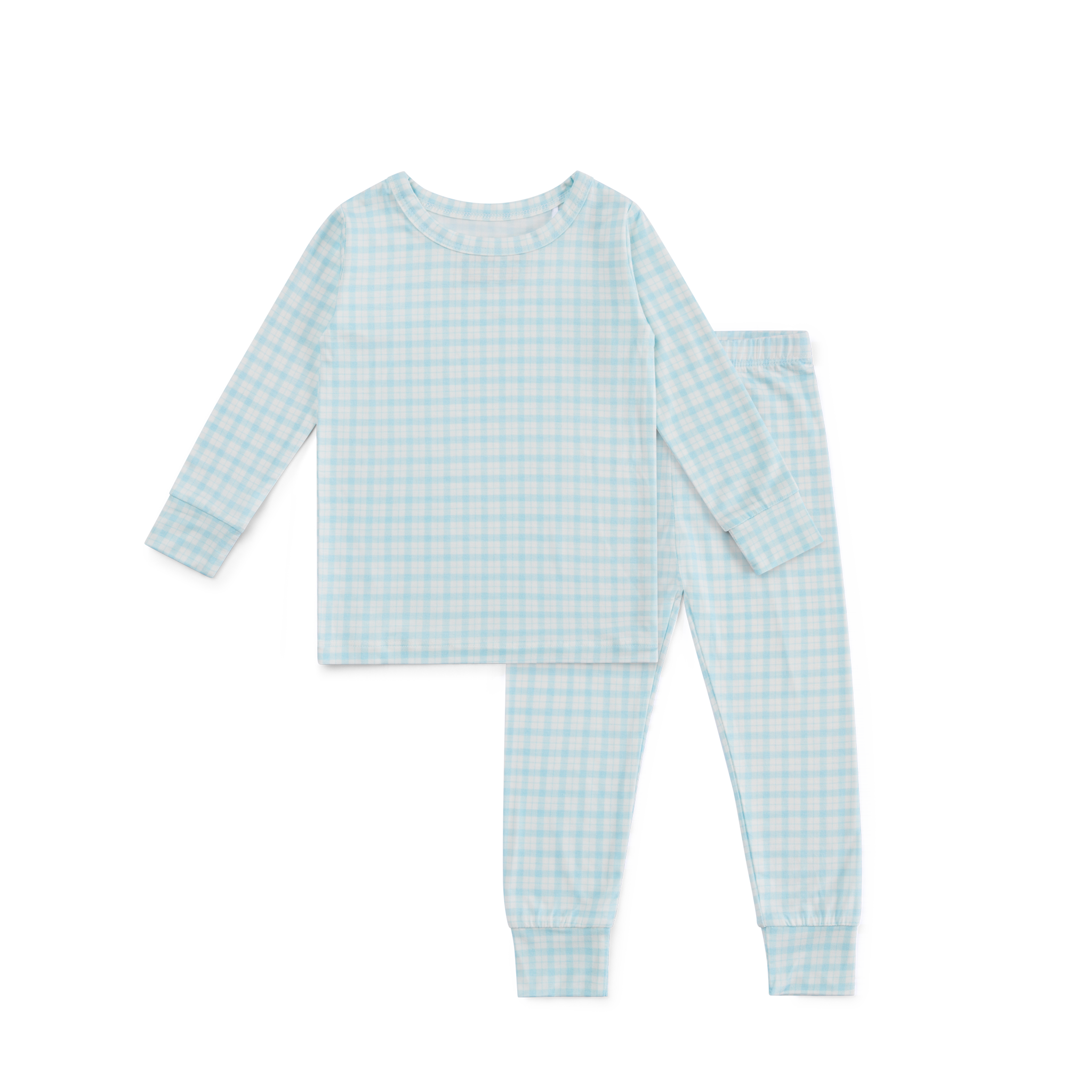Top ranked Motette blue and white gingham bamboo pajama set with long sleeves and pants