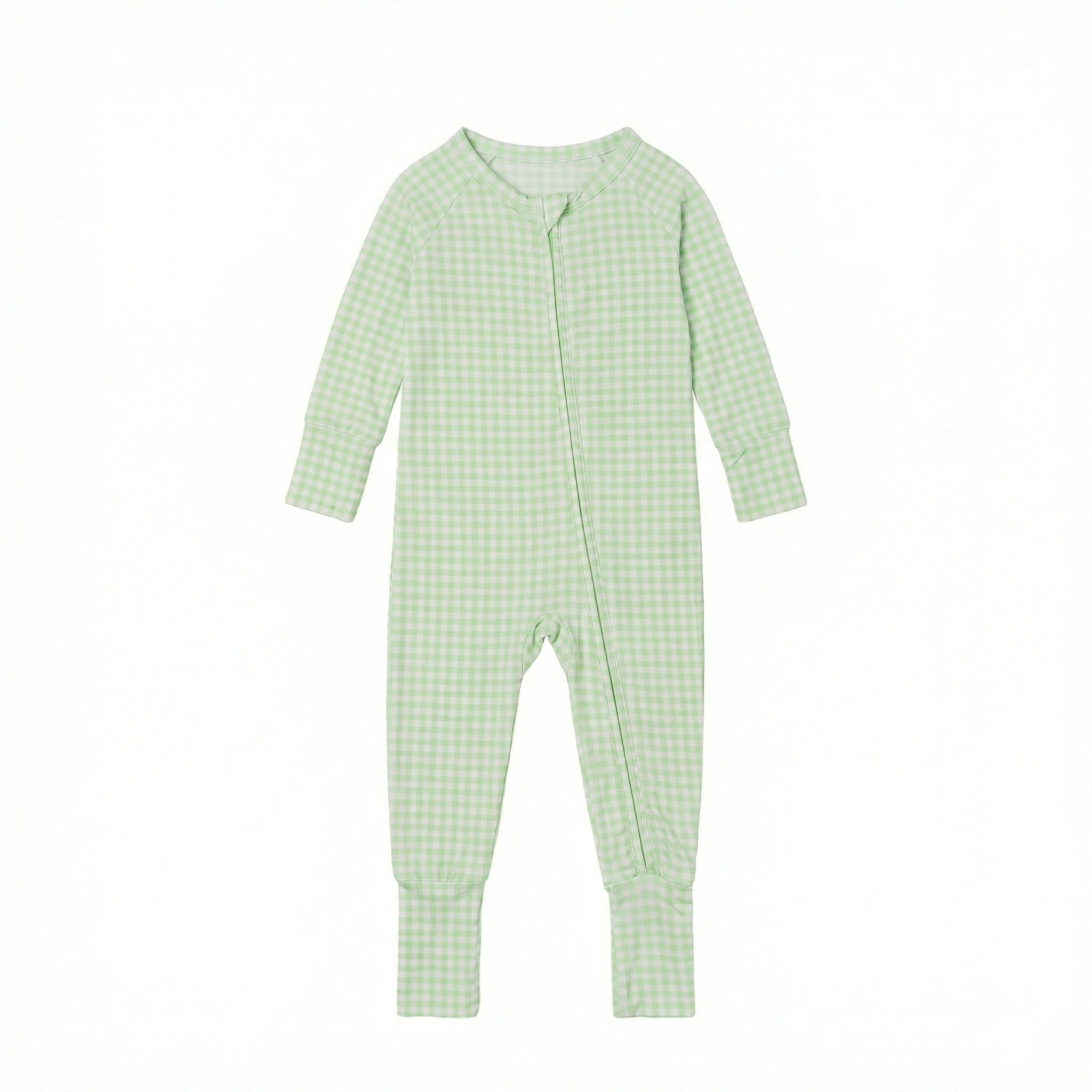 Top ranked Motette green gingham bamboo baby sleeper with long sleeves and zipper front