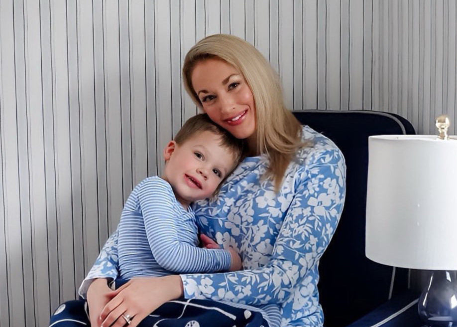 Mom and son wearing matching blue bamboo pjs
