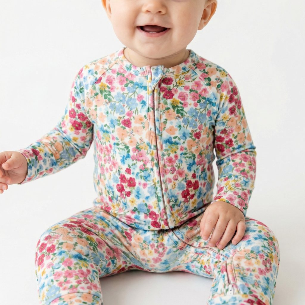 Editor favorite Motette organic bamboo baby sleeper in floral designed for everyday comfort