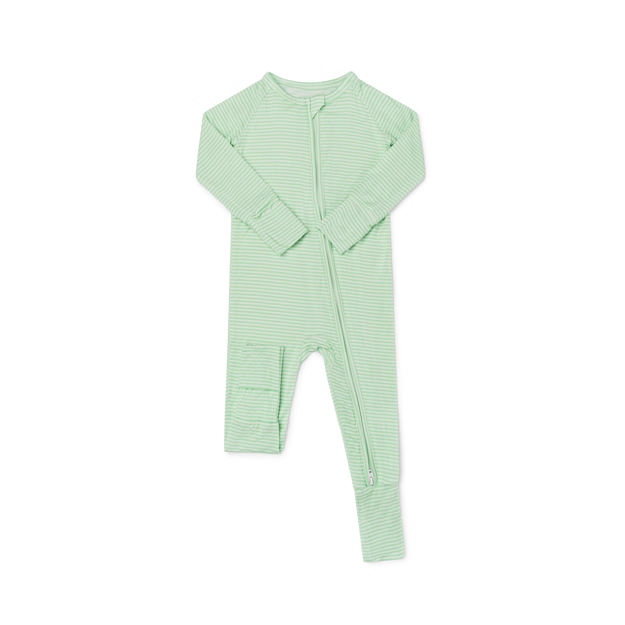 Close-up of the foot cuff and leg detail, paired with the product flat lay of the Pear Stripe sleeper, highlighting thoughtful design.