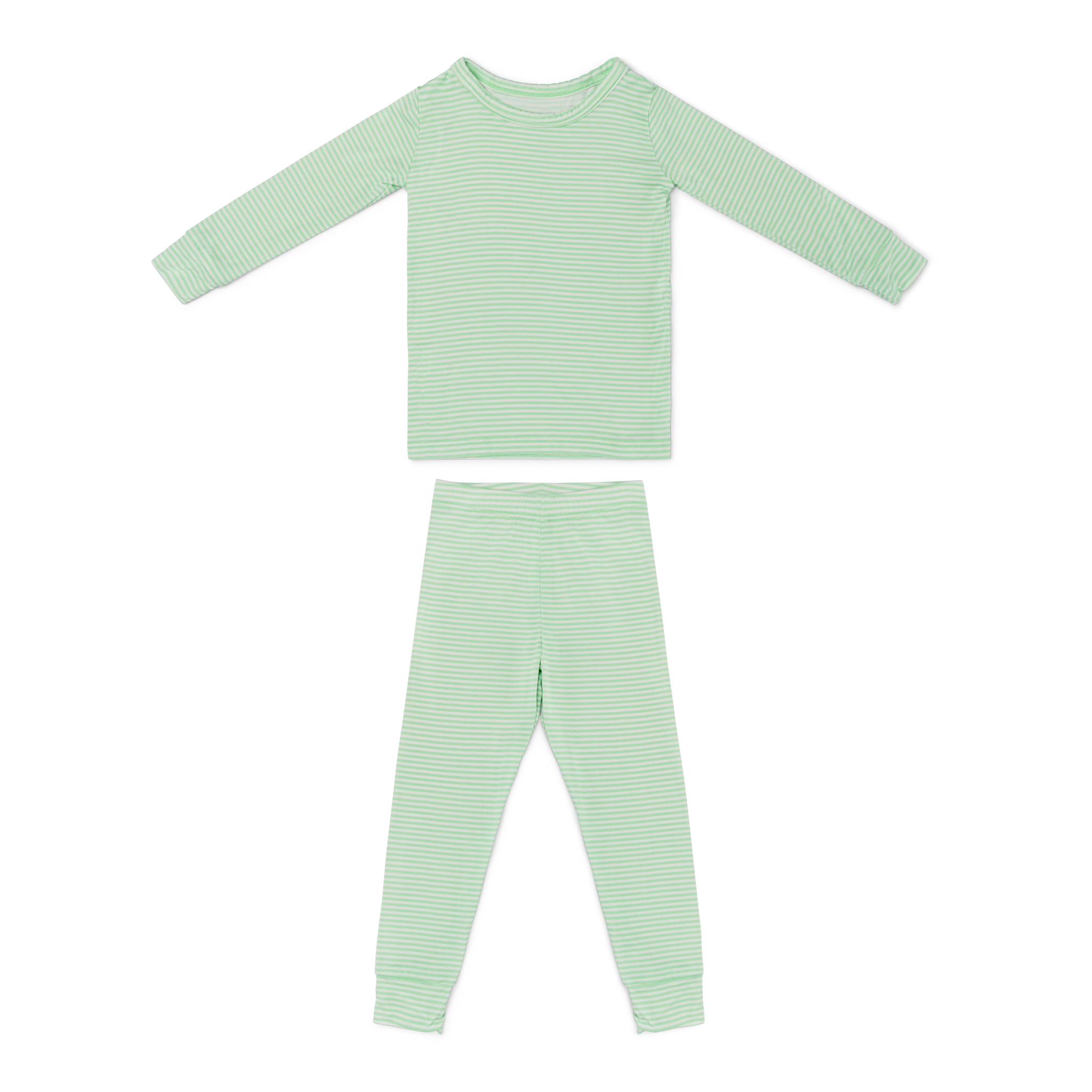 Toddler boy two-piece Bamboo Toddler Pajama Set in green stripe, shown laid flat, made from soft bamboo—Ultra-soft, breathable fabric designed for comfort and stretch.