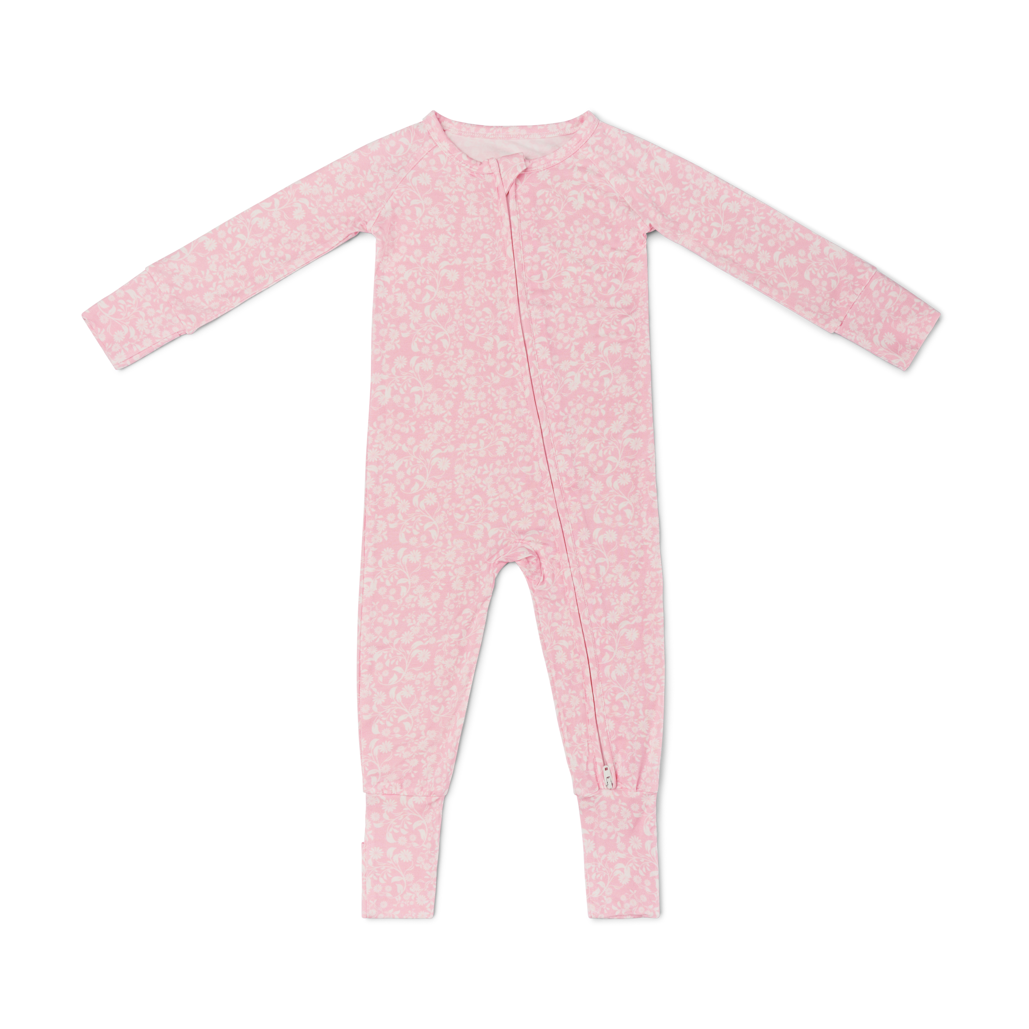 Flat lay of the pink floral bamboo sleeper, showcasing the delicate print and footed design