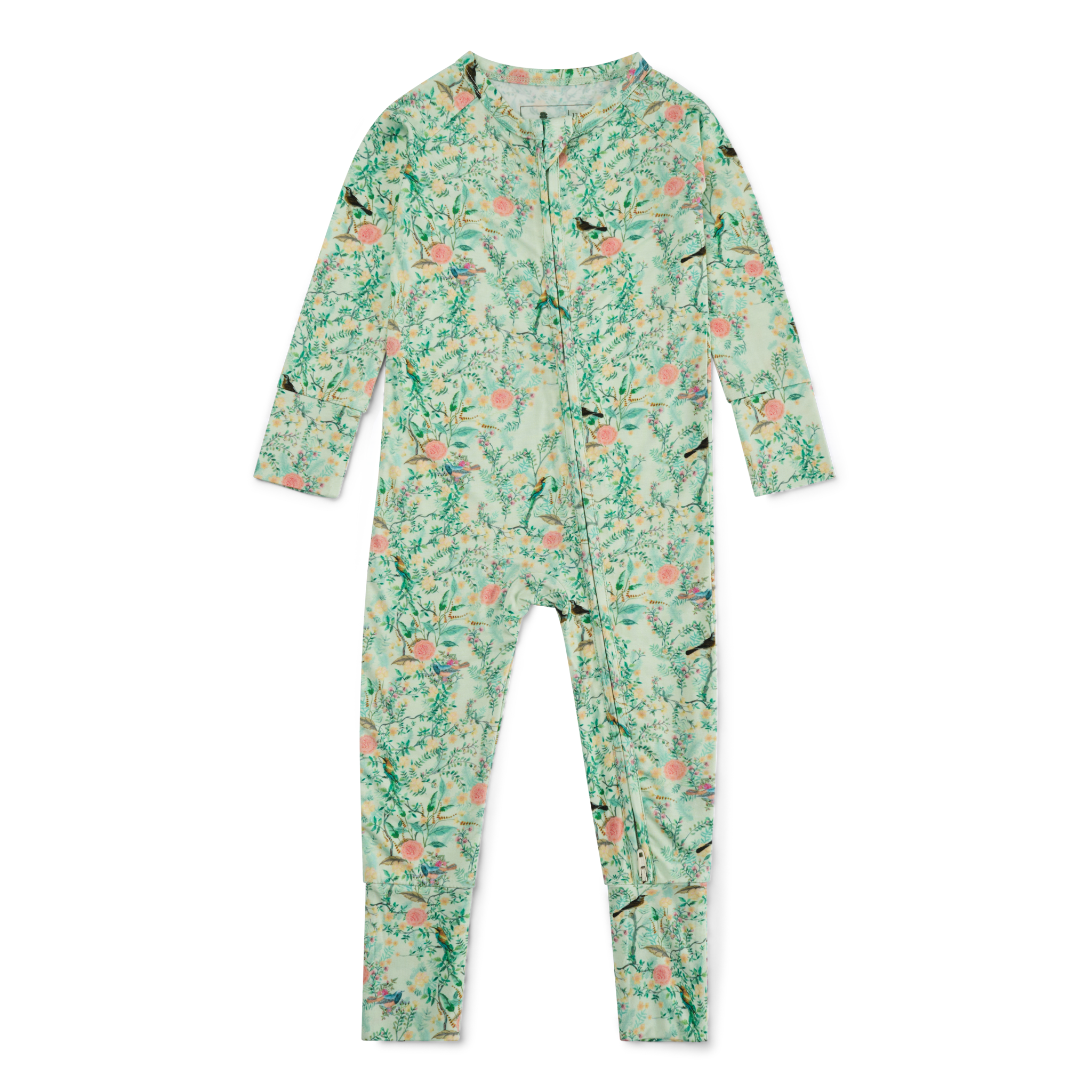 Flat lay of green floral bamboo zipper romper for babies, showing full-body design and two-way zipper.