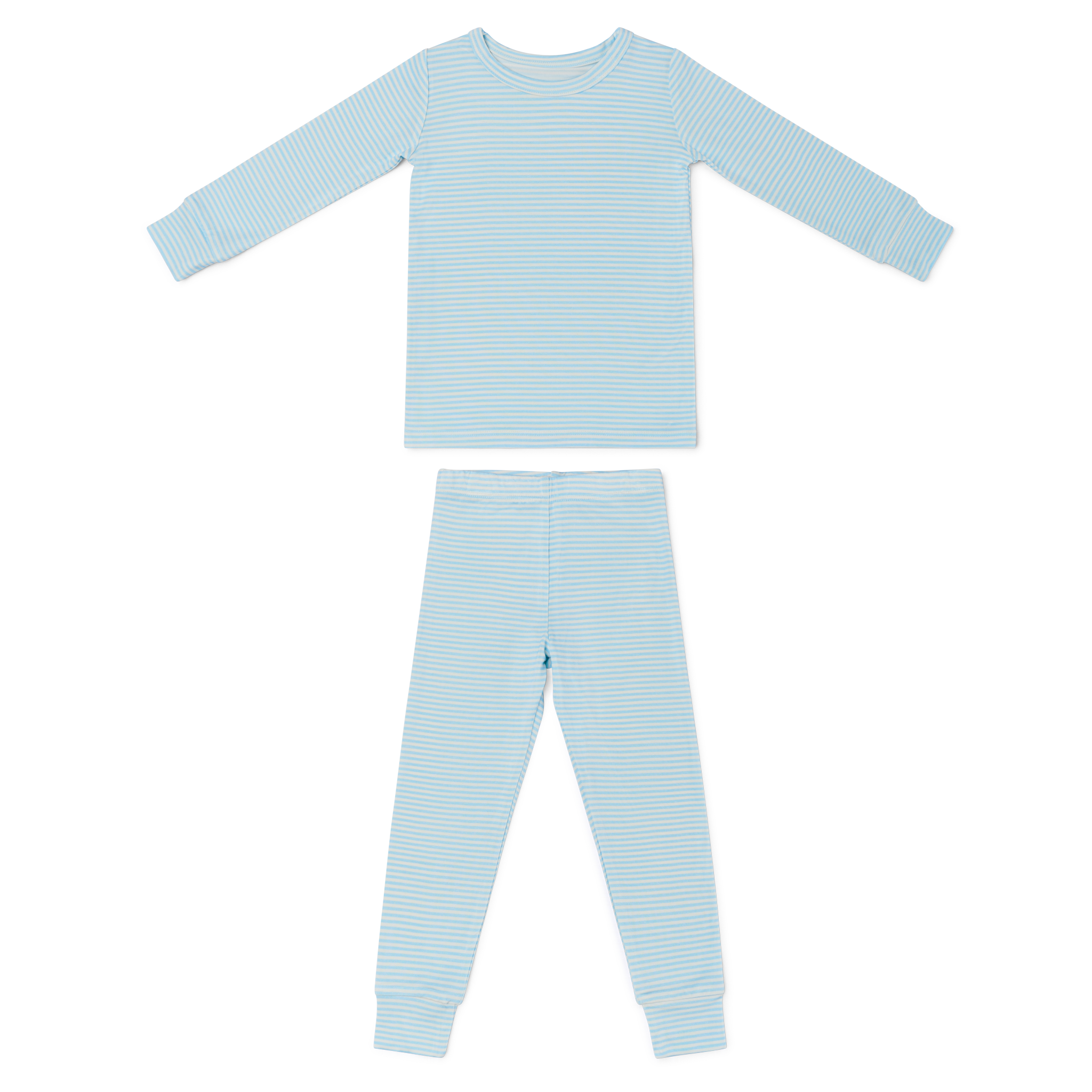Flat lay of the Seaside Stripe toddler pajama set, neatly arranged to show the two-piece design and classic blue and white stripes.
