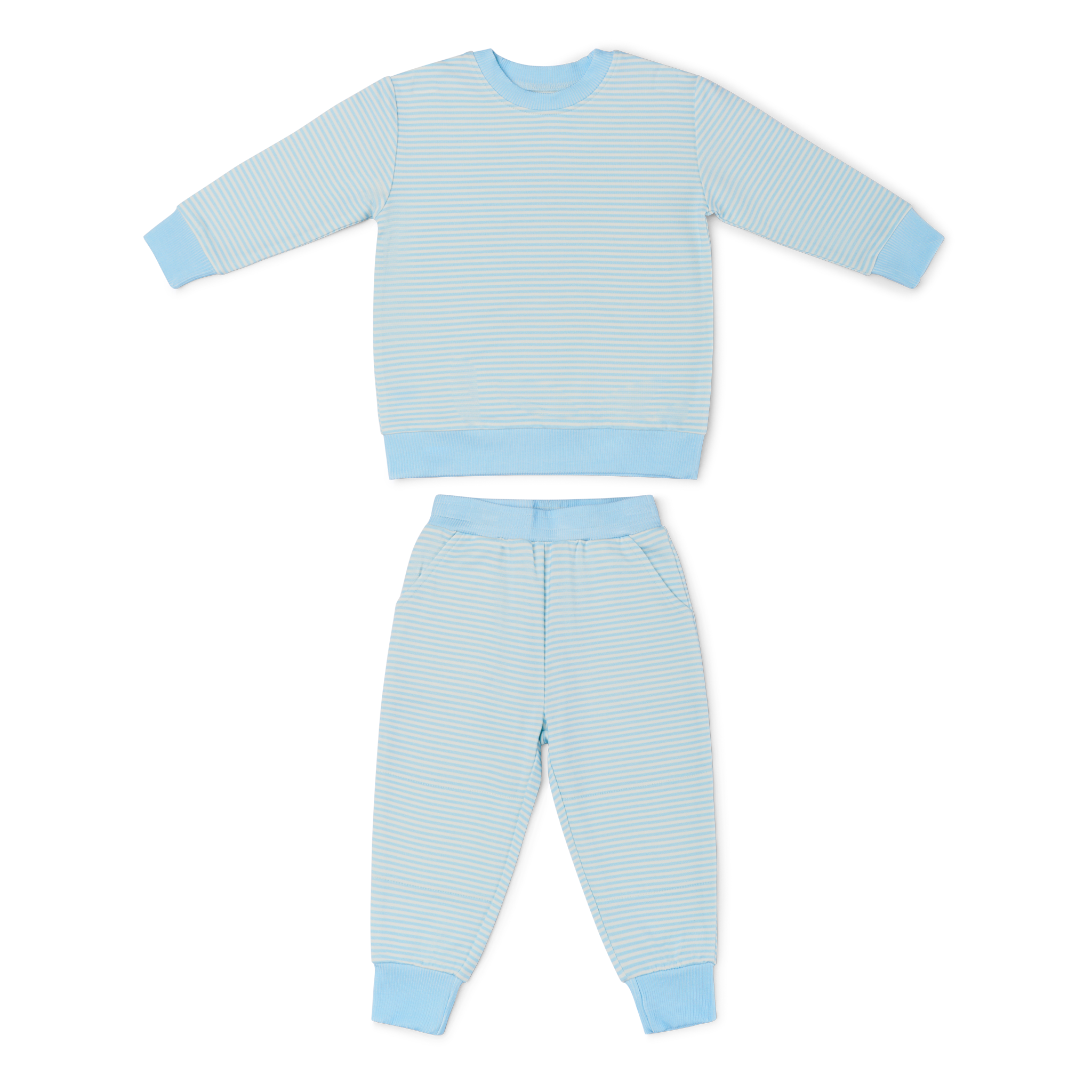 Flat lay of Motette’s blue striped bamboo lounger sweatsuit, highlighting the soft texture and modern design