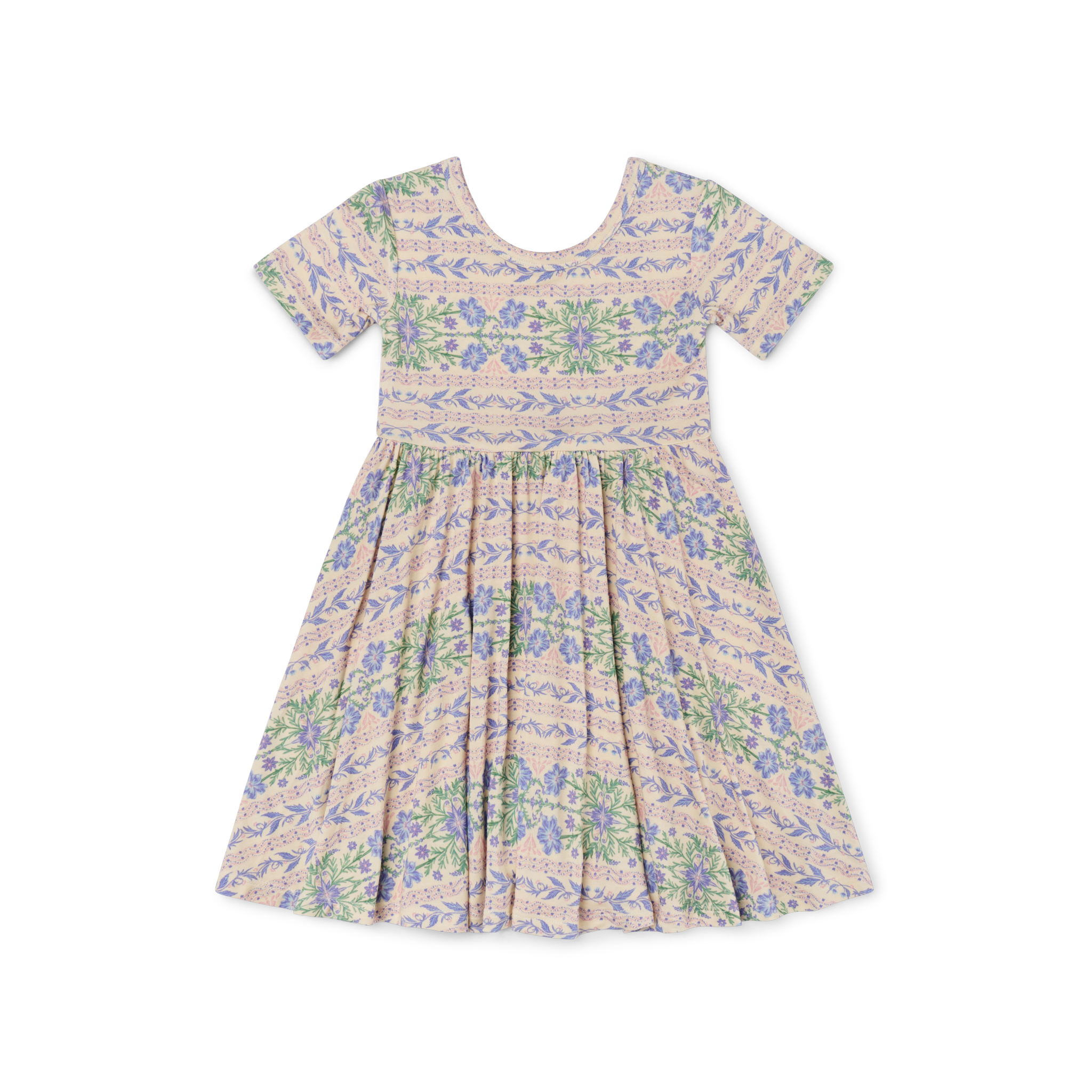 Flat lay of Motette’s pink and purple floral twirl dress made from soft bamboo fabric, styled with matching accessories