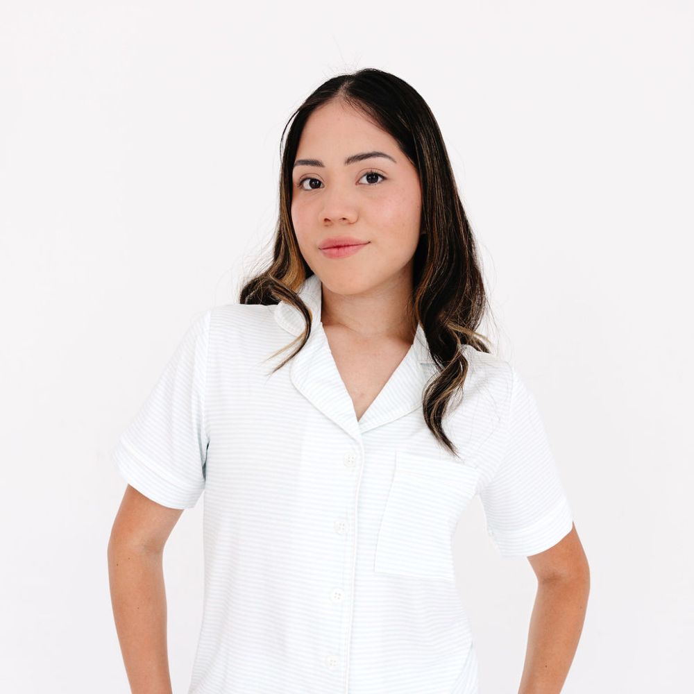 Close-up of woman wearing Cloud Stripe bamboo pajama set – breathable and eczema friendly bamboo sleepwear by Motette