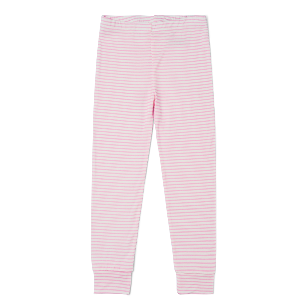 Flat lay of pink and white ballet stripe bamboo toddler pajama pants