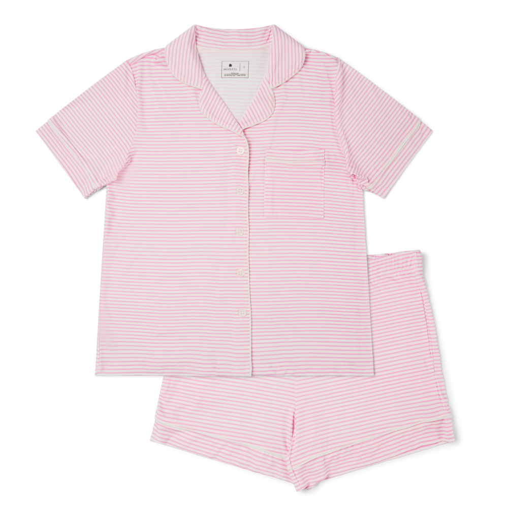 Flat lay Ballet Stripe pink and white short sleeve bamboo women's pajama set with button-up top and matching shorts
