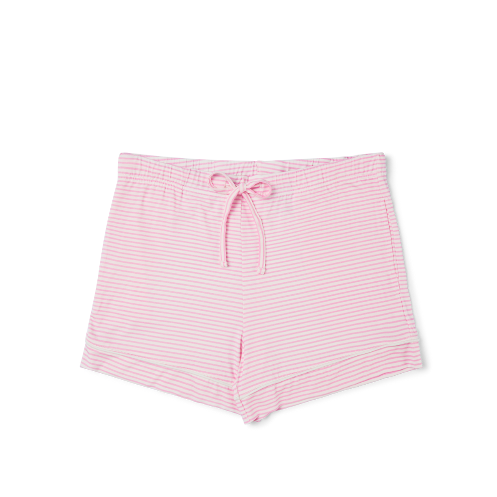 Flat lay Ballet Stripe pink and white bamboo women's pajama shorts with drawstring waistband