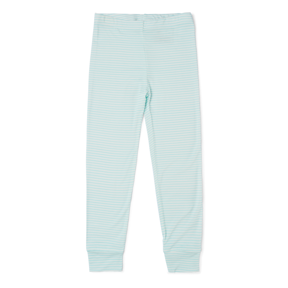 Flat lay of Cloud Stripe blue and white striped bamboo toddler pajama pants with elastic waistband